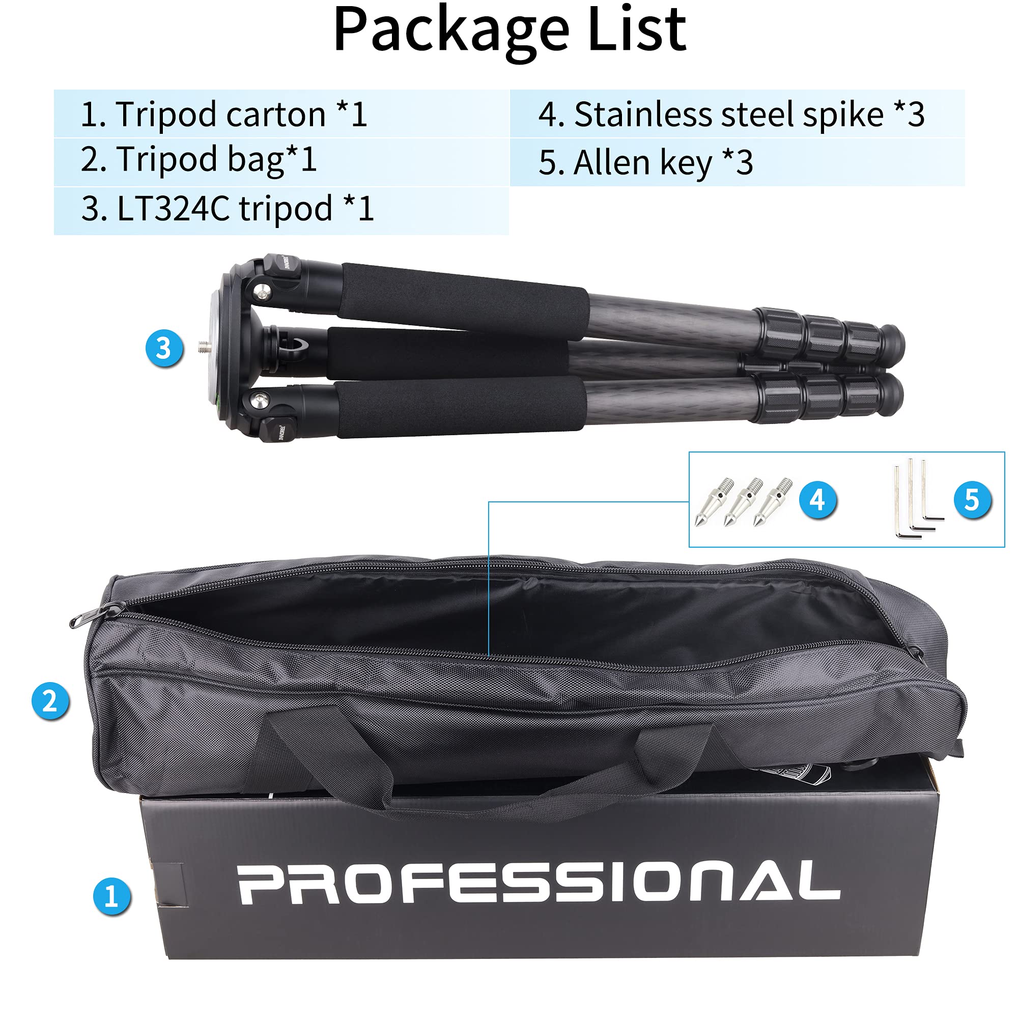 INNOREL LT324C Professional Carbon Fiber Tripod - Heavy Duty Portable Camera Stand for DSLR, Bird Photography, Max Load 66lbs/30kg, 57in/146cm Height - Perfect for Travel, Outdoor Shooting & Wildlife Photography (Black)