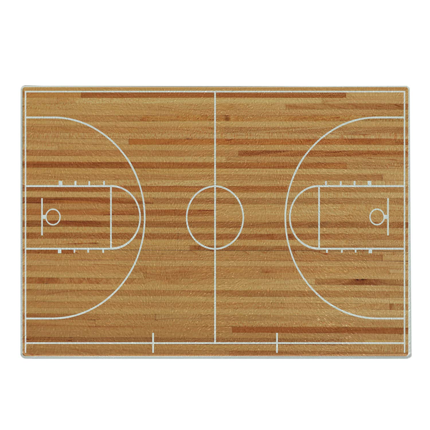 Lunarable Sports Themed Tempered Glass Cutting Board - Basketball Court Playground Print on Parquet Backdrop - Decorative Small Brown & White Serving Board for Kitchen, Dining & Party Use