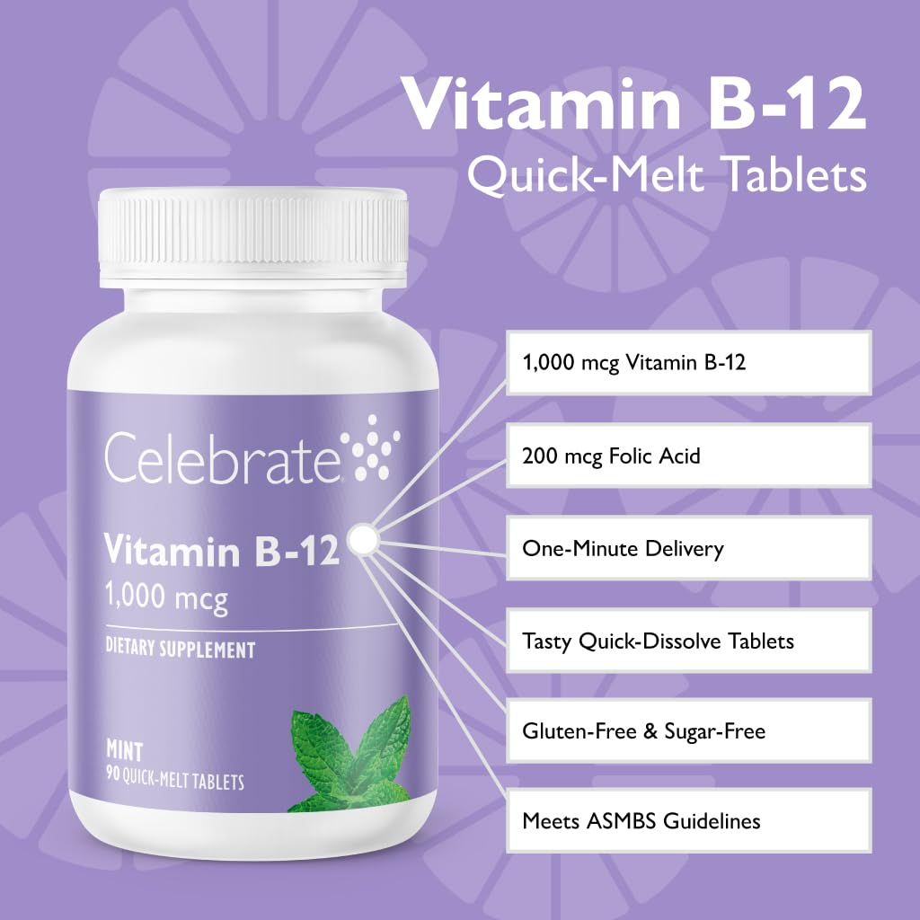 Celebrate Vitamins Vitamin B-12 1000 mcg Quick Dissolve Tablets with Folic Acid - 90 Count Mint Flavor for Energy Support & Metabolism Boost - Perfect for Busy Professionals & Active Lifestyles