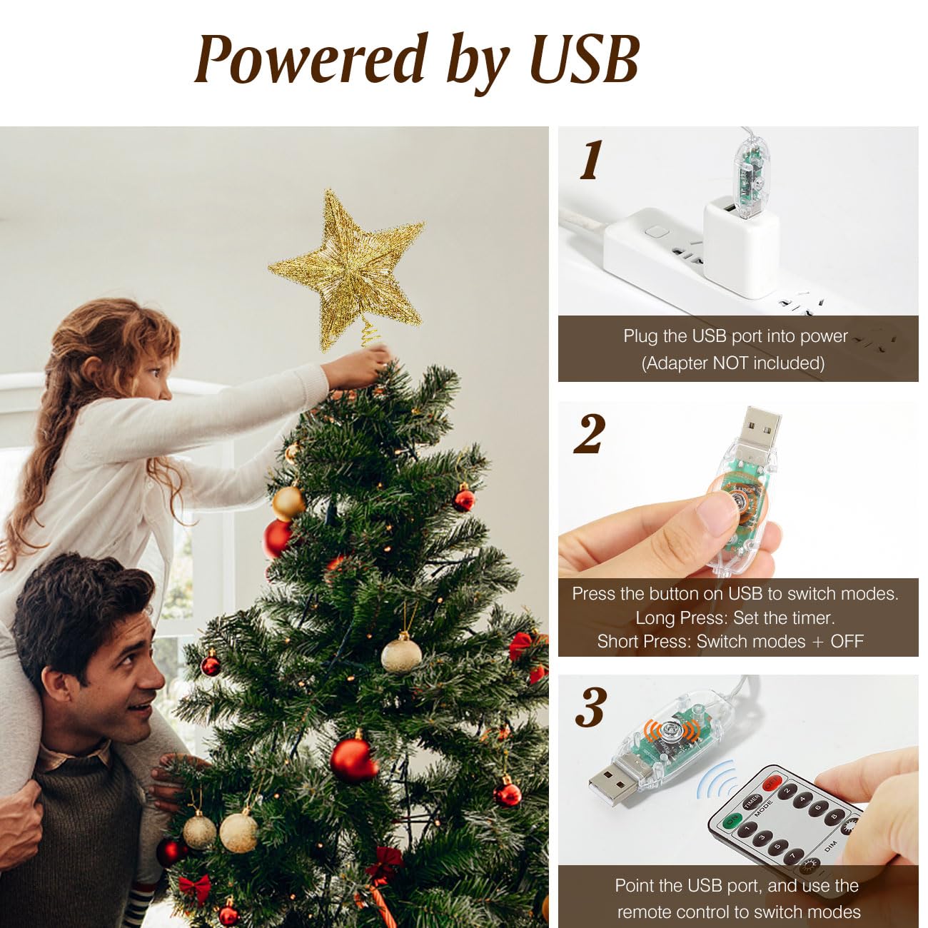 Lewondr USB-Powered Remote Control Christmas Tree Topper with LED Lights and Sequins - Gold Star Decor with 6H Timer for Holiday Trees | Perfect for Home, Office & Party Christmas Decorations