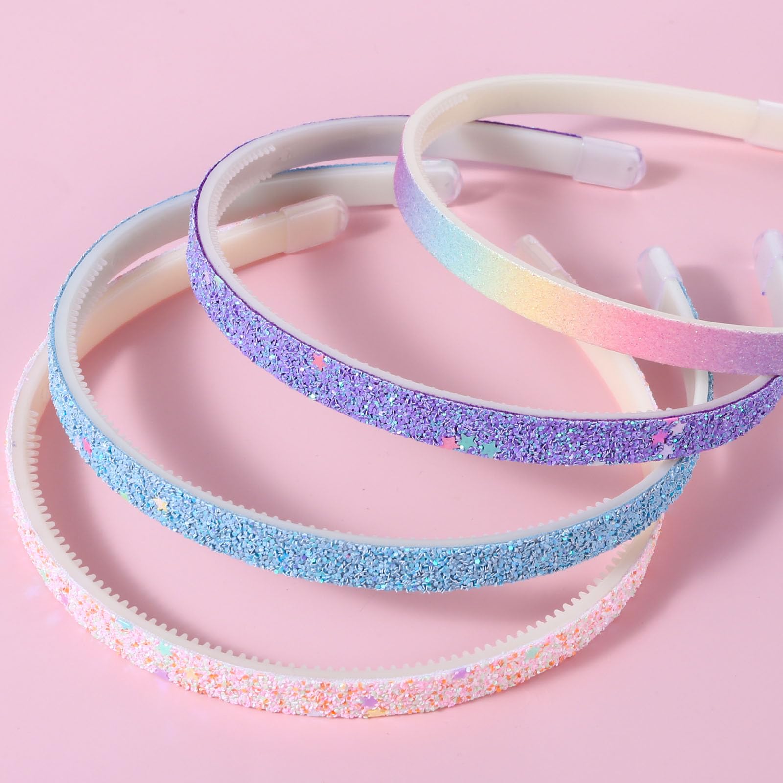 Sparkly Glitter Headbands for Girls - 4 Pack Non-Slip Thick Plastic Hair Bands with Teeth - Rainbow Confetti Chunky Hair Accessories for Kids & Teens - Perfect for Parties, School, and Everyday Wear