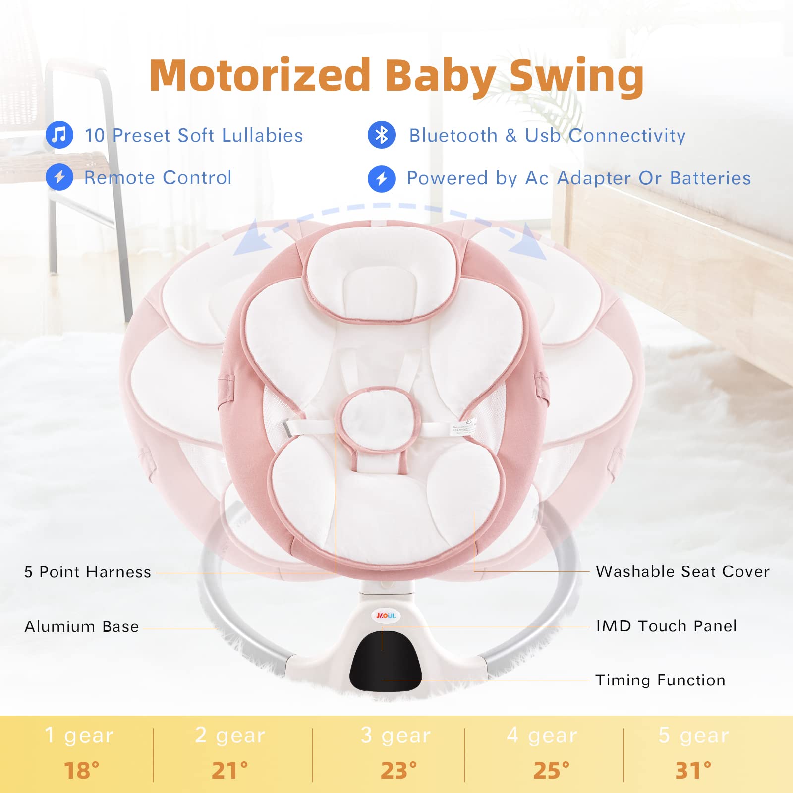 Jaoul Baby Swing for Infants - Electric Portable Infant Swing with Bluetooth, Touch Screen & Remote Control - 5 Speed Settings & 3 Reclining Positions - Baby Bouncer for Newborns (Pink) - Perfect for Nursery, Travel & Soothing Fussy Babies