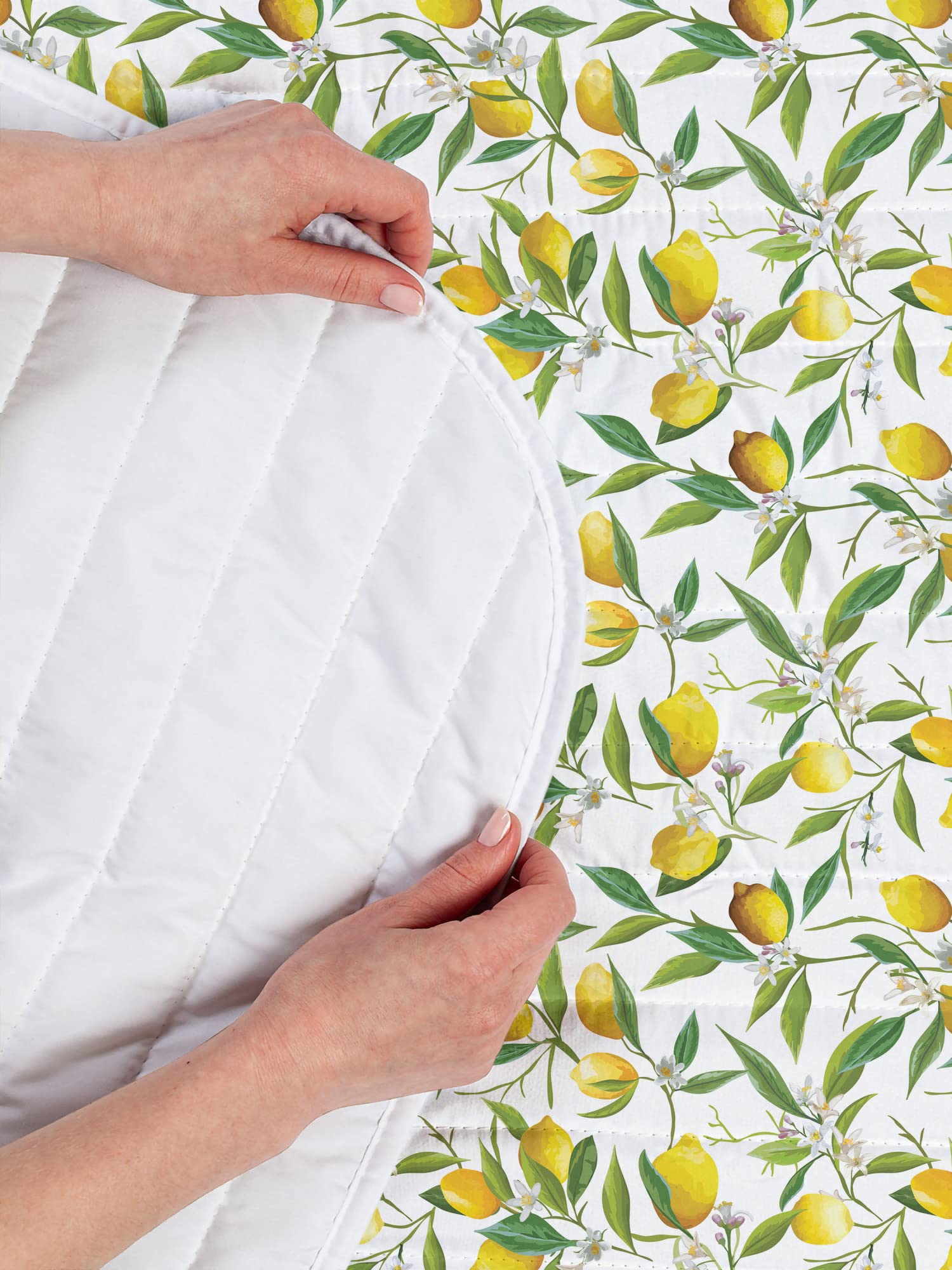 Ambesonne Queen Size Microfiber Bedspread Set - Flowering Lemon & Citrus Print, Soft Bedding with Pillow Shams & Comforter in Fern Green, Yellow & White | Nature-Inspired Bedroom Decor for Spring & Summer Refresh
