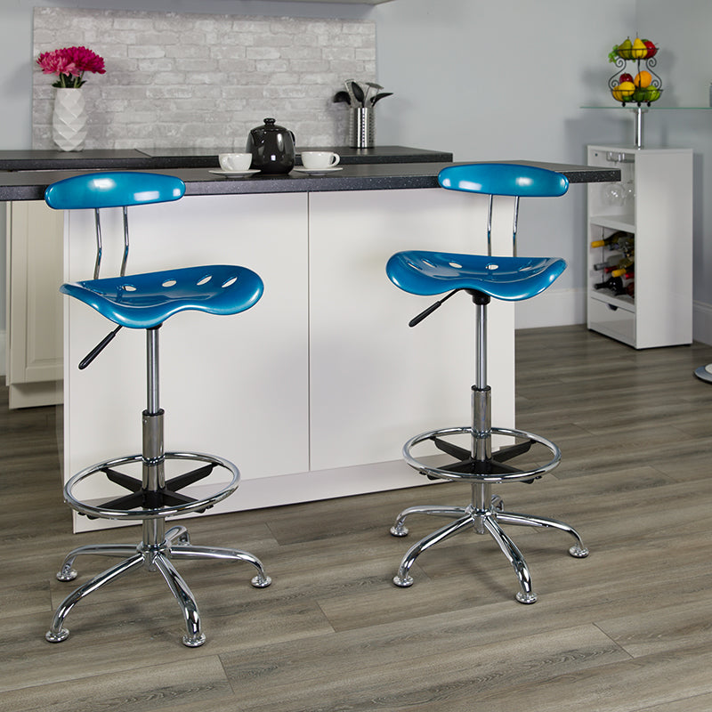 FLASH Bradley Vibrant Violet and Chrome Drafting Stool with Tractor Seat - Adjustable Height Bar Stool for Home Office, Art Studio & Industrial Workspaces