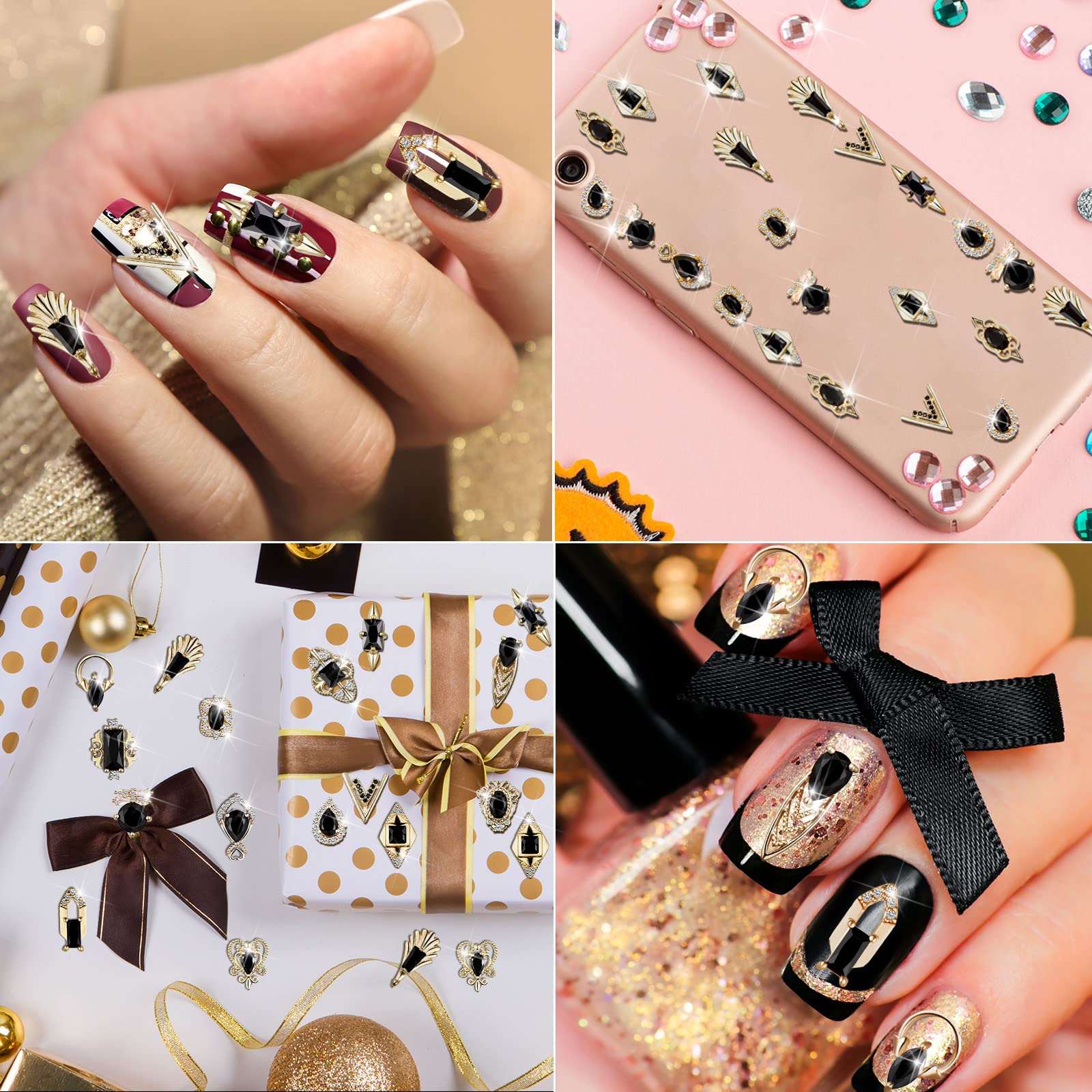 24-Piece 3D Gold & Black Rhinestone Nail Charms - Luxury Black Zircon Crystals for Acrylic Nails - Includes Storage Box - Perfect for DIY Nail Art, Salon Professionals & Home Manicures