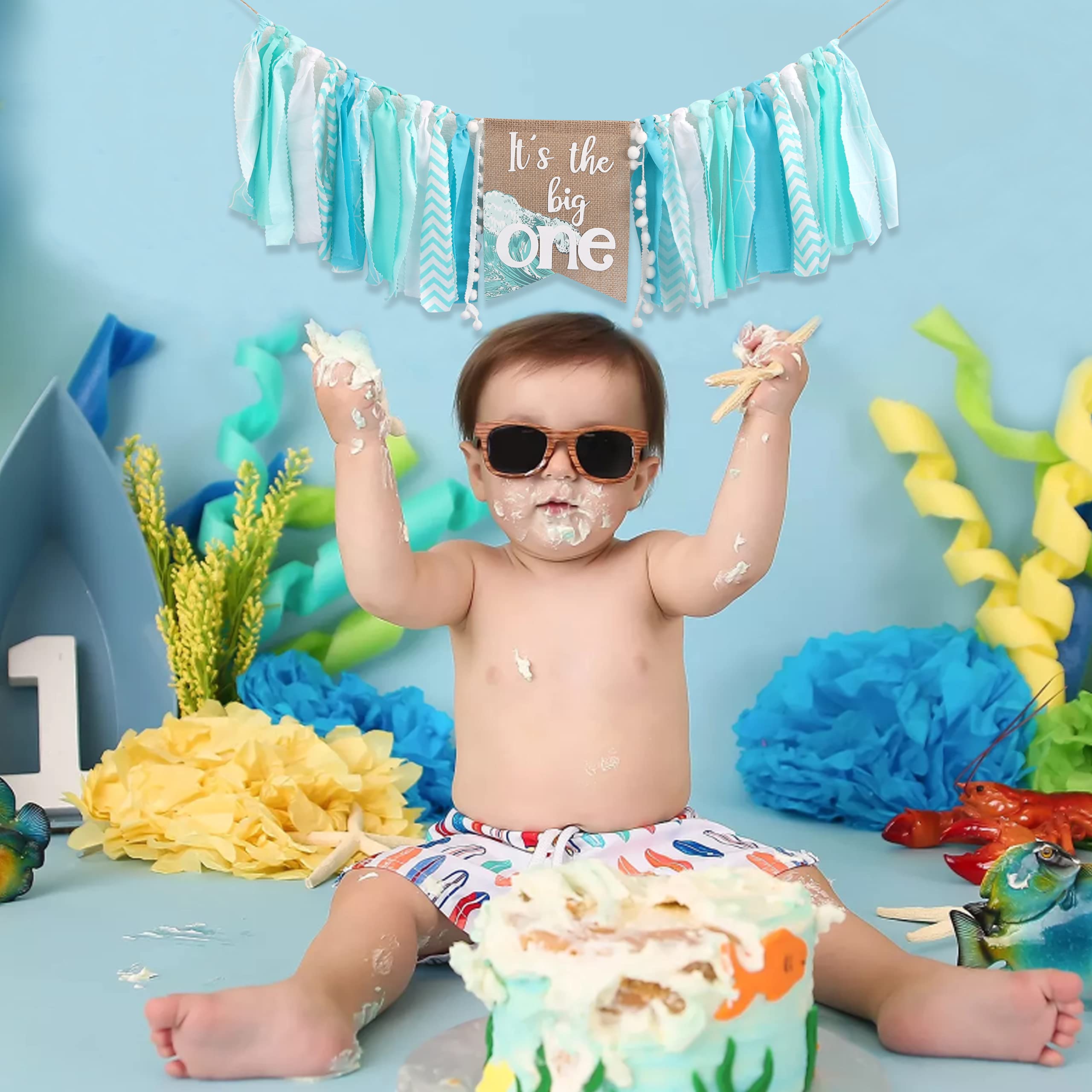 Big One Highchair Banner for 1st Birthday | First Birthday Party Decor for Baby Boys | Blue Highchair Banner | Pool Party & Cake Smash Photo Props | Perfect for Birthday Photoshoots & Party Decorations