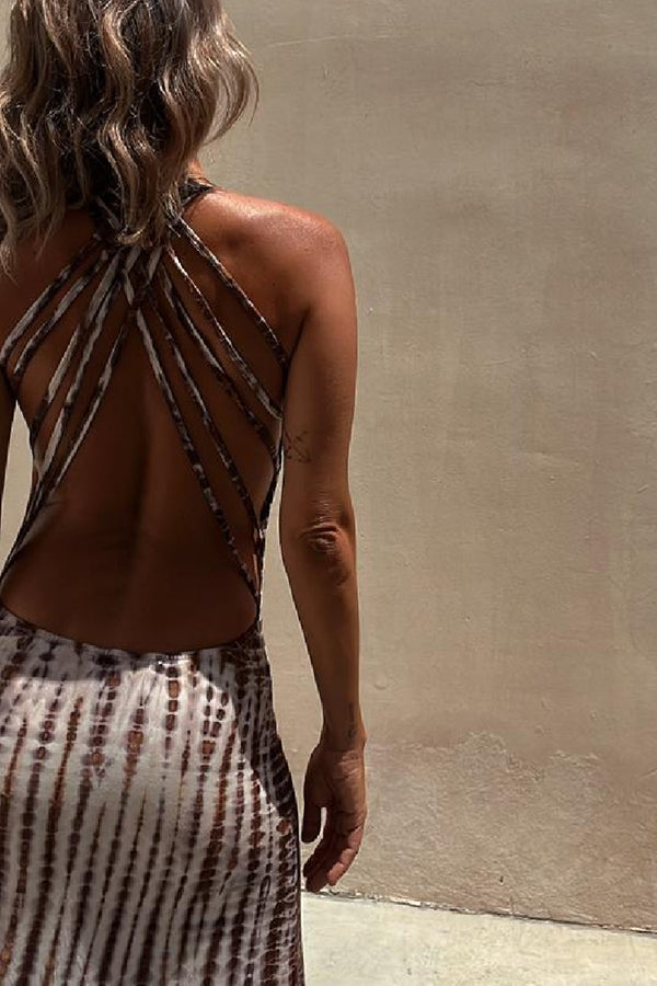 Tie Dye Print Back Lace Up Stretch Maxi Dress for Women - Boho Summer Beach Dress, Festival Outfit & Vacation Wear