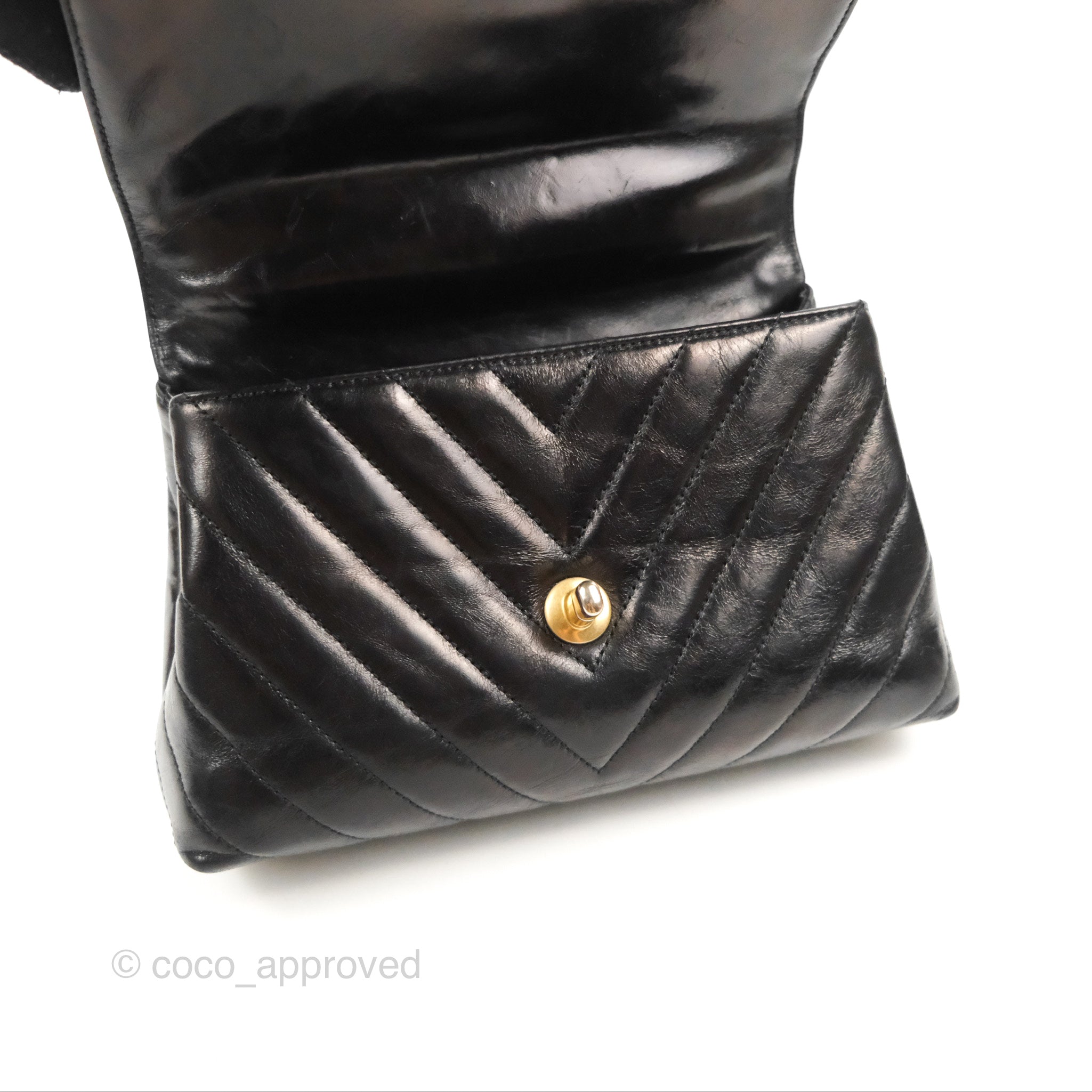 Chanel Chevron Small Coco Handle Bag - Black Shiny Aged Calfskin with Aged Gold Hardware | Luxury Crossbody Purse for Women, Perfect for Evening Parties & Date Nights