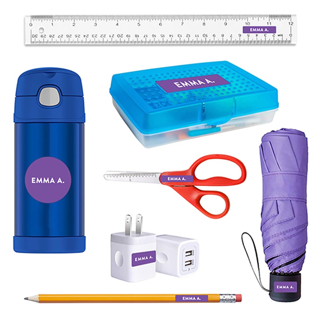 Andaz Press Custom Personalized Waterproof School Name Labels - Royal Purple 120-Pack | Kids Name Stickers for School Supplies, Preschool & Daycare | Perfect for Books, Lunch Boxes & Water Bottles