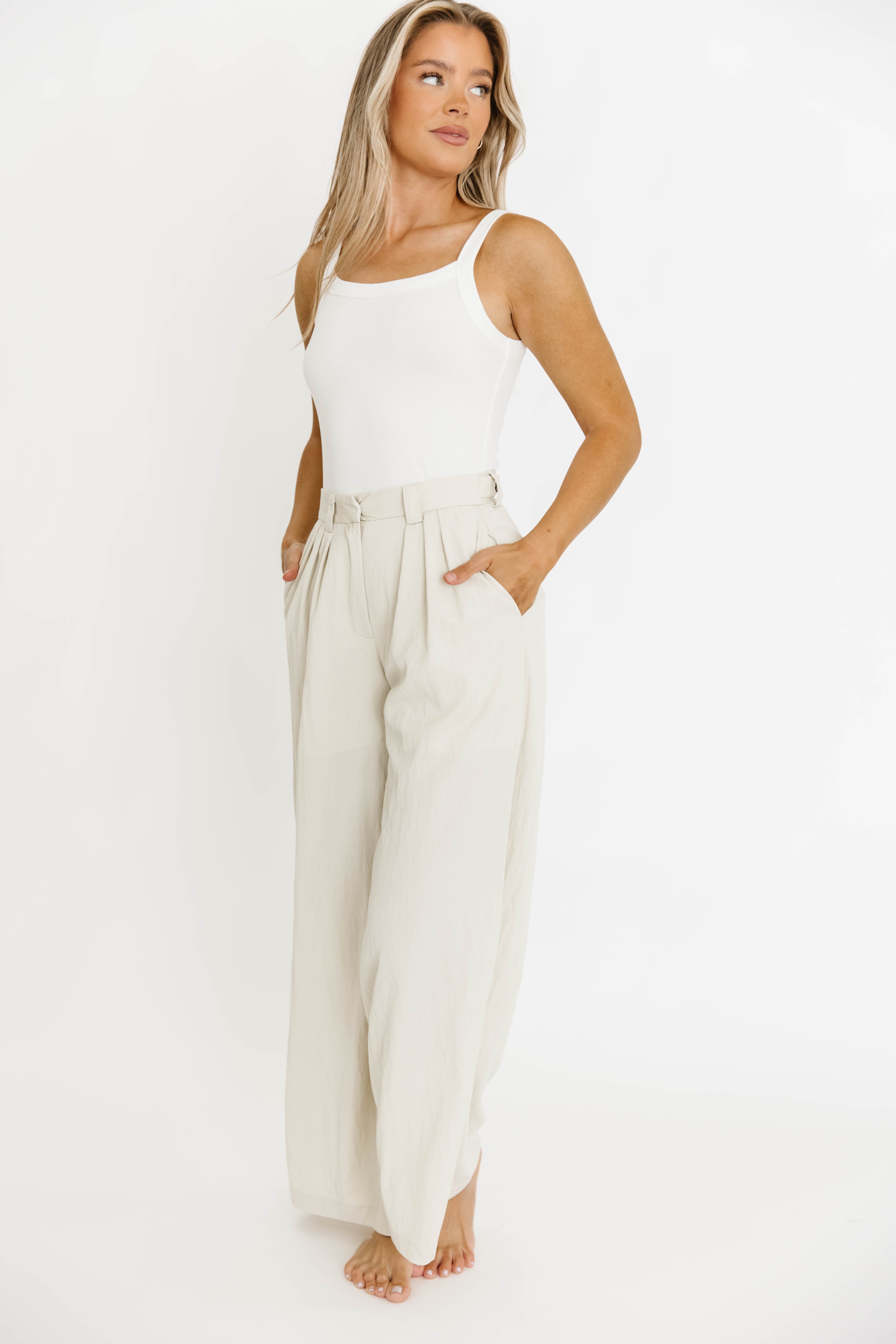 Ria Lightweight High Rise Pleated Wide Leg Pants for Women - Oatmeal White | Comfortable Office Pants & Casual Lounge Pants for Work & Everyday Wear
