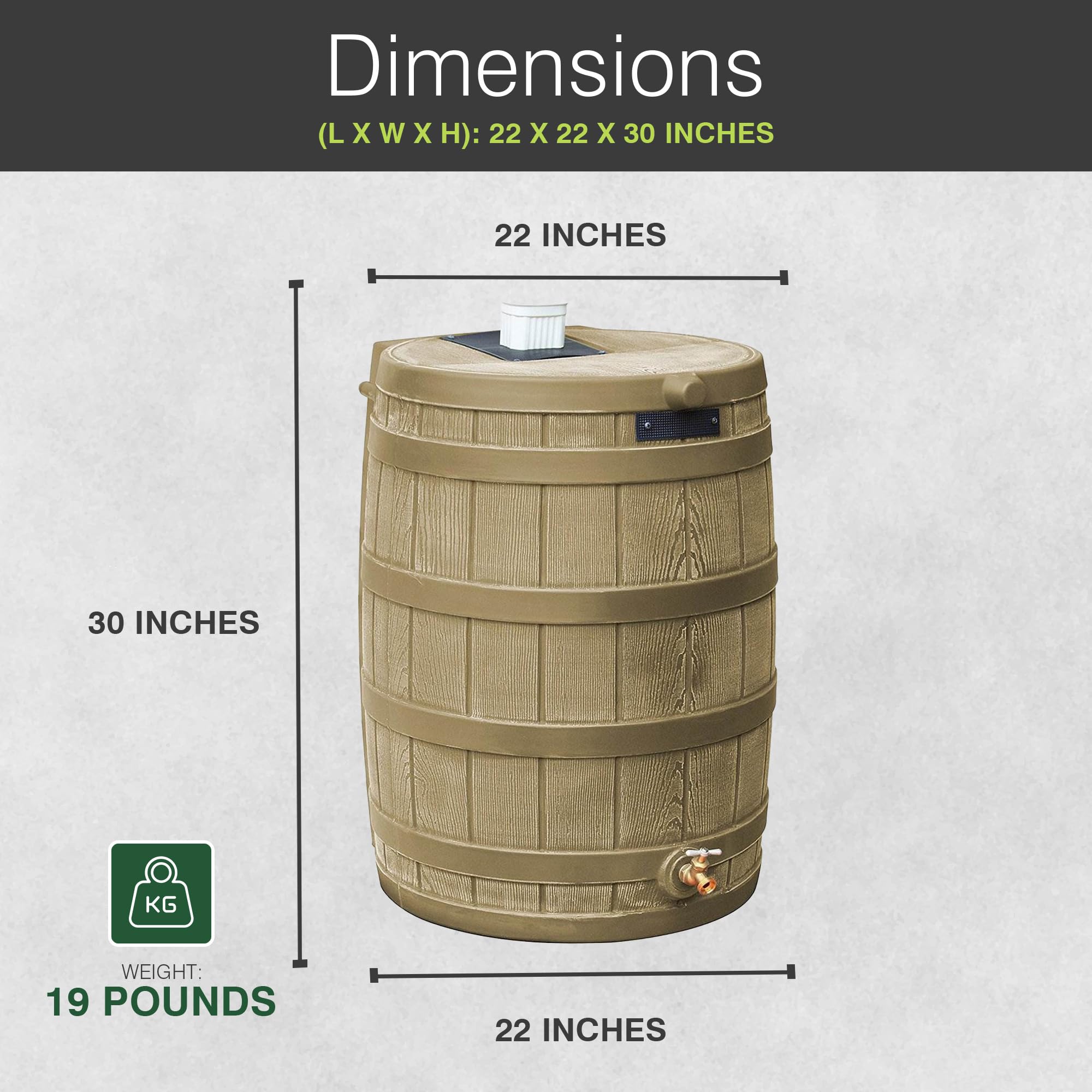 Good Ideas Rain Wizard 50 Gallon Plastic Rain Barrel with Brass Spigot - Water Collector for Garden & Outdoor Use (Khaki, 2 Pack) - Perfect for Eco-Friendly Water Conservation & Landscaping