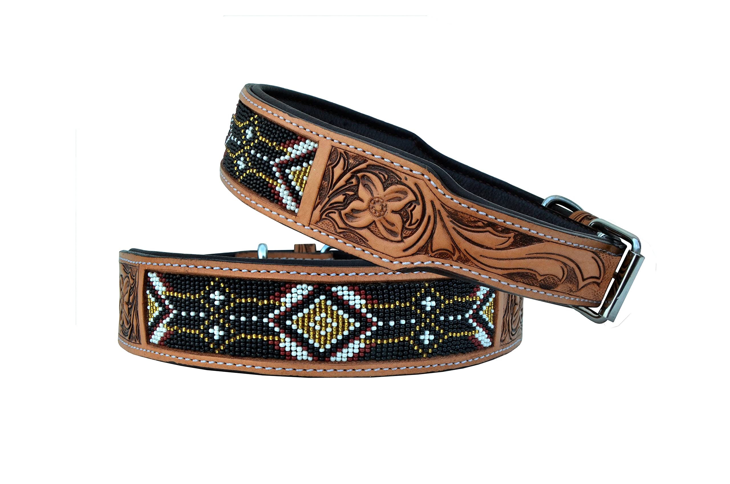 Western Beaded Leather Dog Collar - Heavy Duty Tooled Adjustable Pet Collar for Large Dogs - Perfect for Training, Walking, and Outdoor Adventures