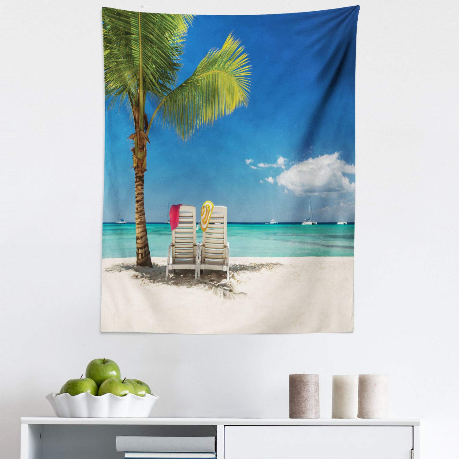 Ambesonne Seaside Tapestry Wall Art - Ocean Beach Panoramic Print with Palm Trees, Chairs & Boats - Blue Green Fabric Wall Hanging Decor for Bedroom, Living Room, Dorm (23x28 inches) - Perfect for Coastal Theme Rooms, Vacation Vibes & Relaxation Spaces
