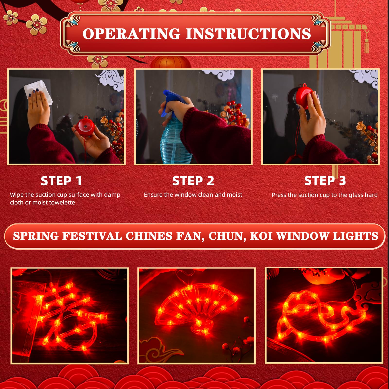 LOLStar 2025 Chinese New Year Decorations - 3 Pack Red Lunar New Year Window Lights with Chinese Fan, Spring (Chun) & Koi Fish Design | Battery Operated Hanging Lights with Suction Cups | Perfect for Spring Festival Home Decor, Party Supplies & Asian Holiday Celebrations