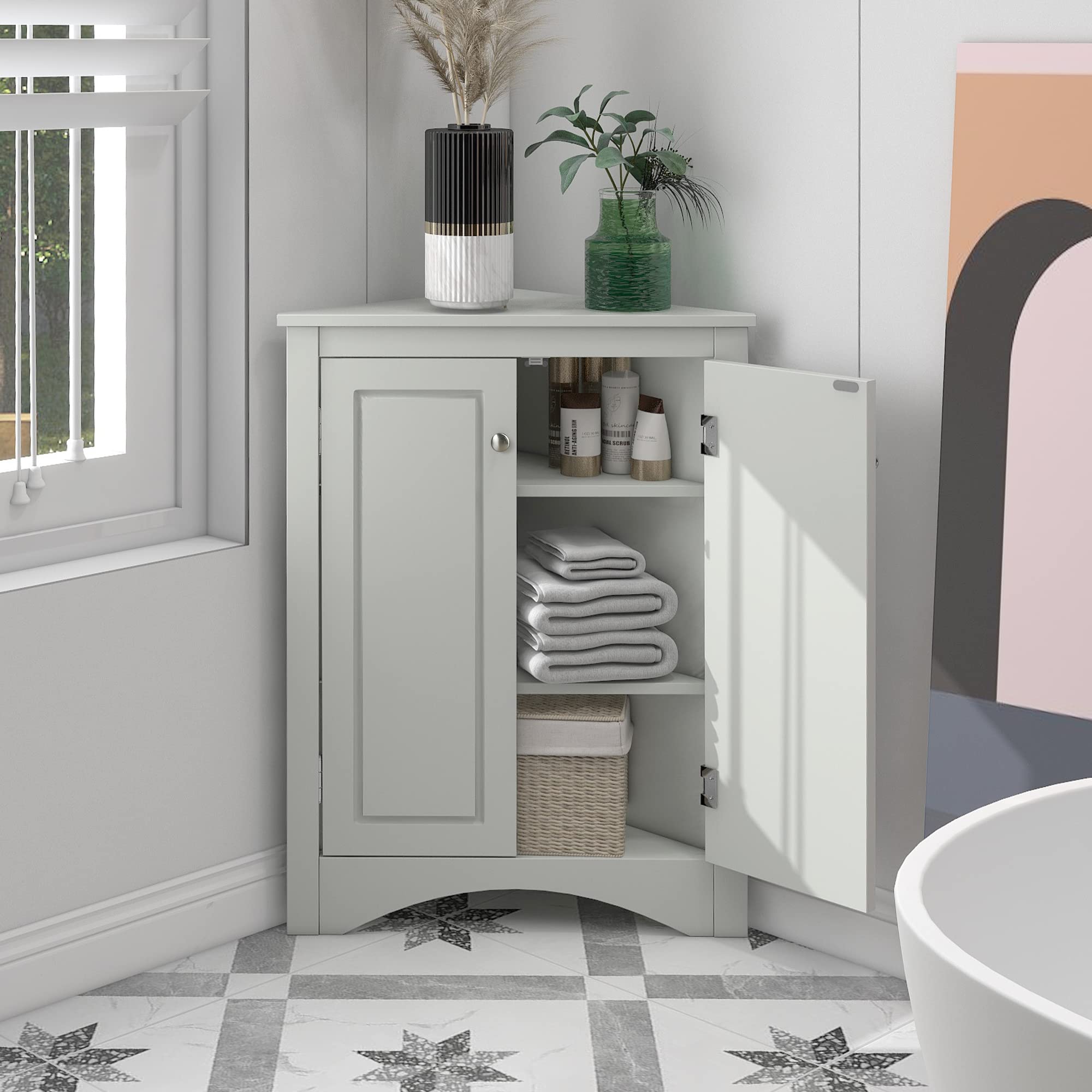 Merax Grey Freestanding Corner Cabinet with Adjustable Shelves & 2 Doors - Perfect for Living Room, Bedroom, or Office Storage Organization