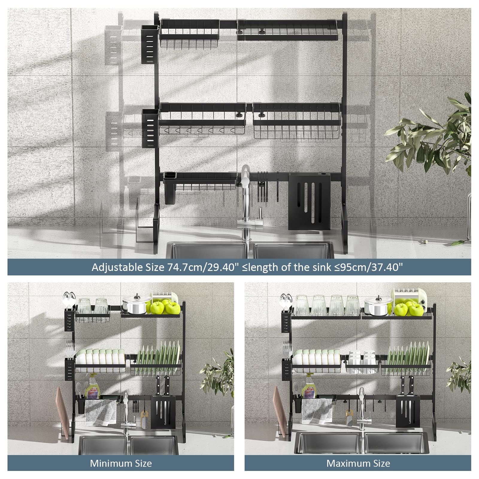 TOOLF Adjustable Over The Sink Dish Drying Rack - 3 Tier Large Capacity Kitchen Organizer (29.4