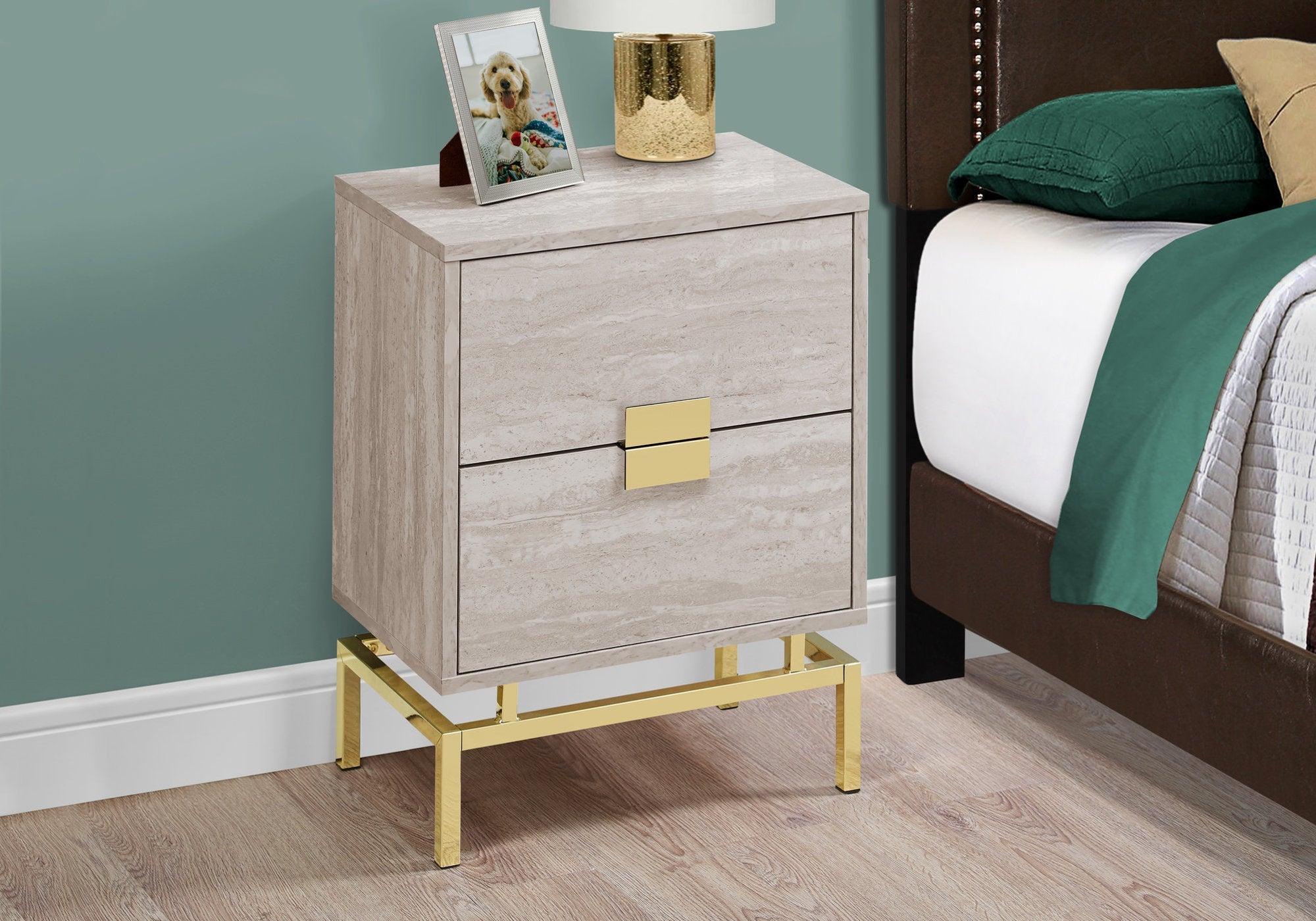 24H Beige Marble Accent Table with Gold Metal Legs - Perfect for Living Room, Bedroom, or Entryway Decor