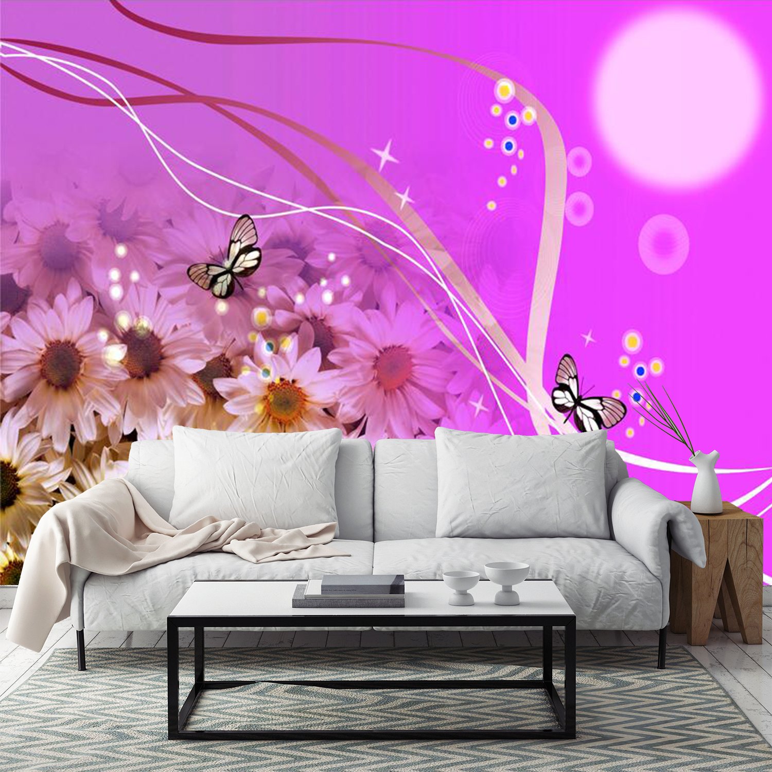 3D Flower Butterfly Purple Pattern Self-Adhesive Wallpaper Mural - 164”x100” (416x254cm) Woven Vinyl Wall Decal for Home Decor | Perfect for Bedroom, Living Room & Nursery Renovation
