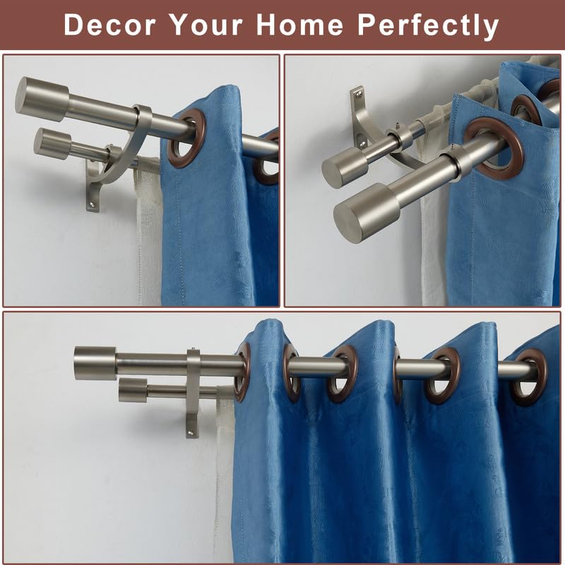 Brushed Nickel Double Curtain Rods 72-144 Inches (6-12 Feet) - Adjustable Heavy Duty Dual Drapery Rod with Cap Finials, 1 Inch Front & 5/8 Inch Back Rod for Living Room, Bedroom, and Office Window Treatments