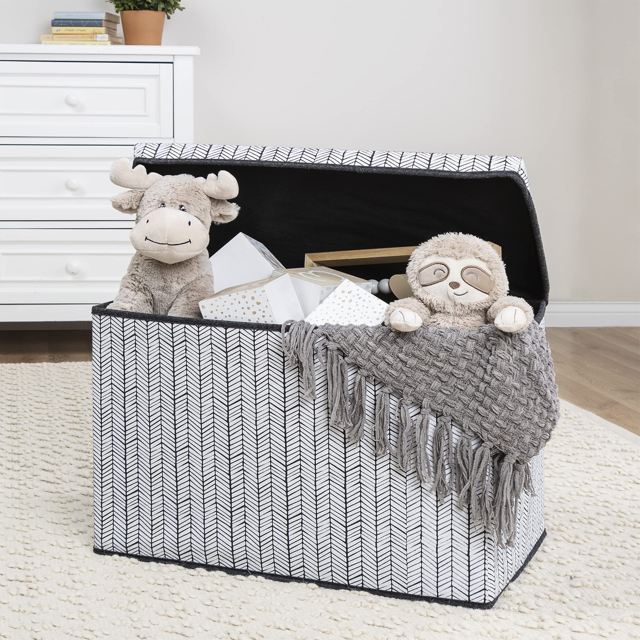 Sammy & Lou Collapsible Felt Toy Storage Box with Handles & Hinged Lid - 22x14.5x15 Inches Herringbone Pattern - Perfect for Kids Room Organization, Nursery Storage & Playroom Toy Chest for Toddlers