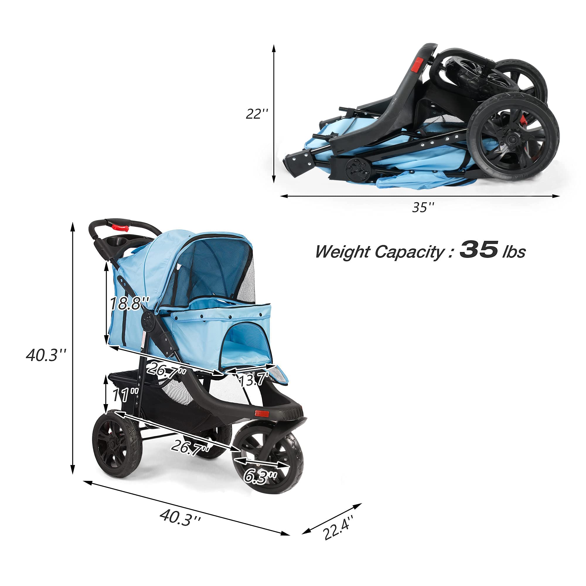 LUCKYERMORE Large Wheel Pet Stroller with Storage Basket - Foldable, Breathable Mesh Design for Dogs & Cats - Perfect for Jogging, Shopping & Outdoor Adventures (Blue)