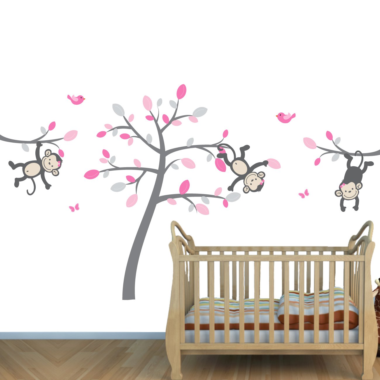 Adorable Pink and Gray Monkey Wall Decals - Hanging from Tree Nursery Stickers for Kids Room Decor - Perfect for Baby Shower Gifts and Jungle Themed Bedrooms