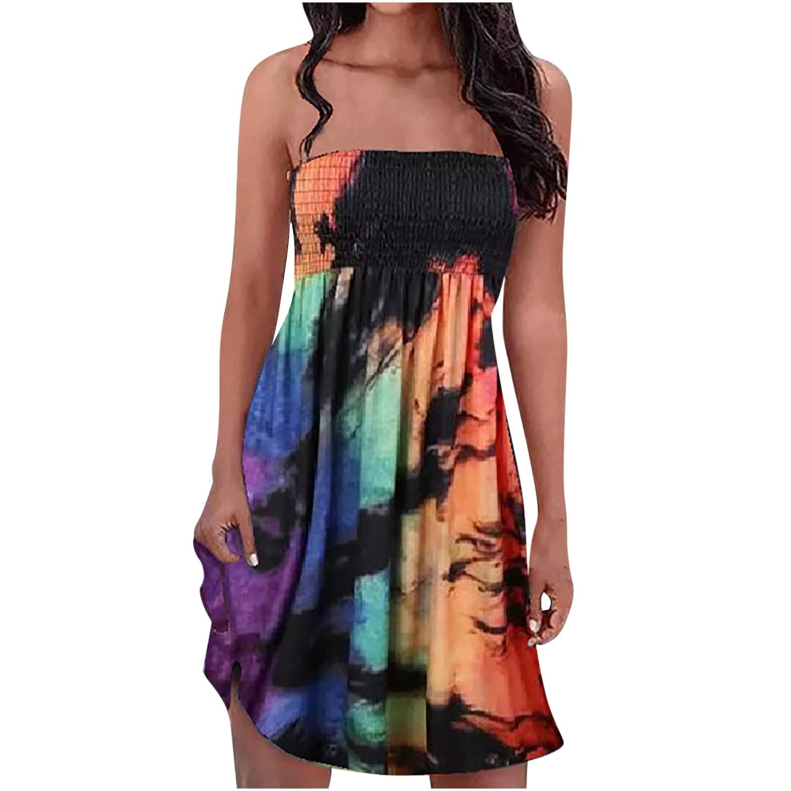 Yihaojia Women's Strapless Bohemian Dress - Summer Beach Cover Up, Casual Pleated Mini Dress for Vacation, Pool Party & Tropical Getaway