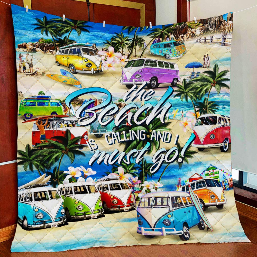 Beach Themed Printed Quilt Bedding Set - 'The Beach Is Calling And I Must Go' Hawaii Camper VW Bus Design | Soft Microfiber All-Season Coverlet for Twin, Queen & King Beds | Perfect for Coastal Decor, Camping Trips & Gift Giving