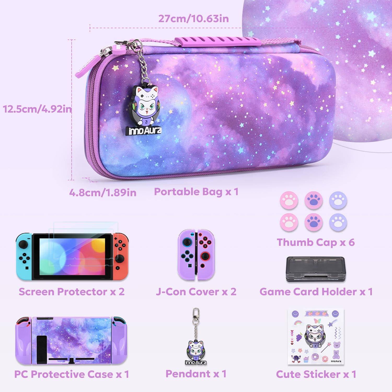 **InnoAura 15-in-1 Nintendo Switch Accessories Bundle – Switch Carrying Case, Game Case, Protective Case, Screen Protector, Thumb Grips (Galaxy Purple) – Perfect for Travel, Gaming On-The-Go & Switch Protection**