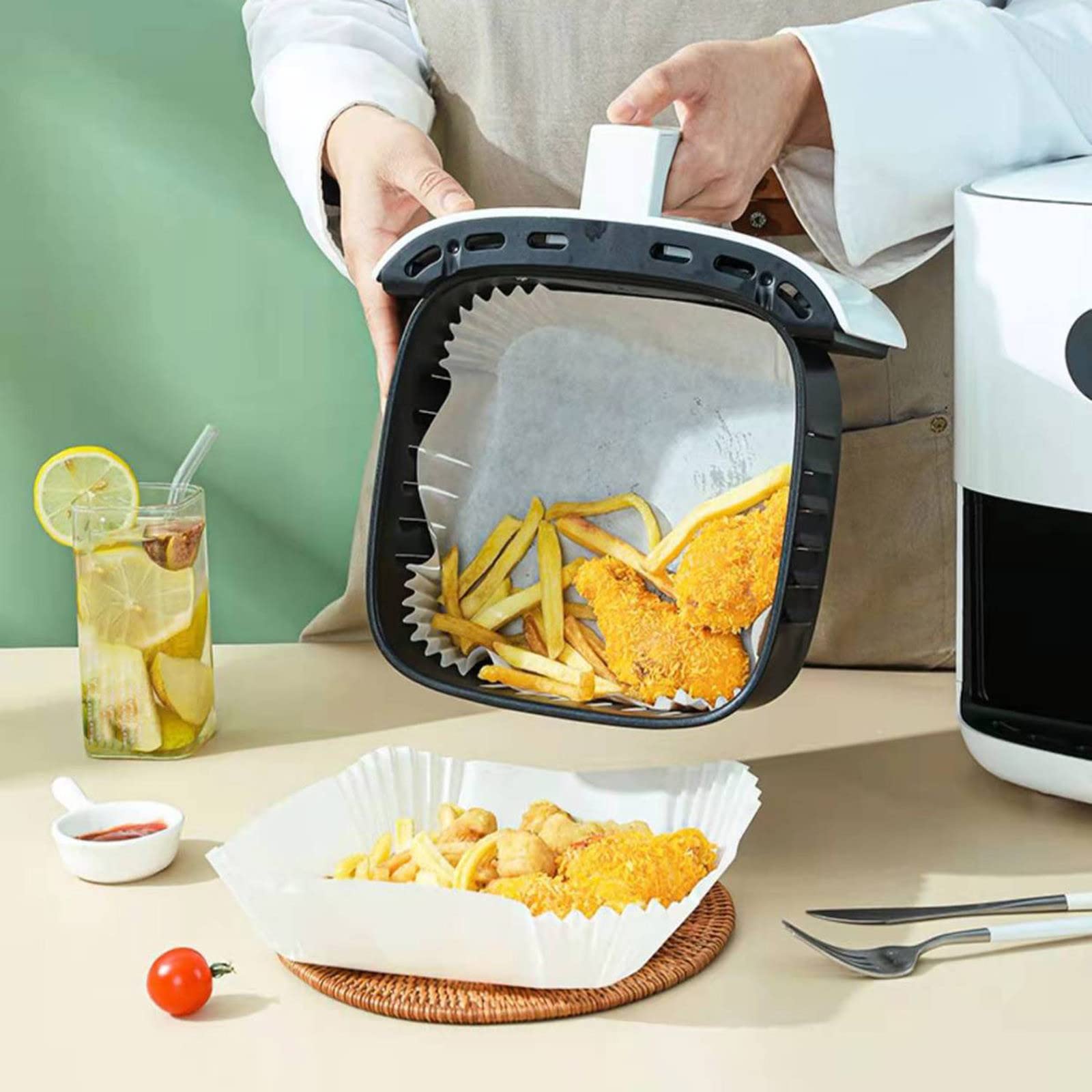 50Pcs Non-Stick Air Fryer Disposable Paper Liners Square - Parchment Baking Sheets for Air Fryer Cooking, Perfect for Roasting, Frying & Reheating - Ideal for Healthy Meal Prep & Quick Cleanup (White)