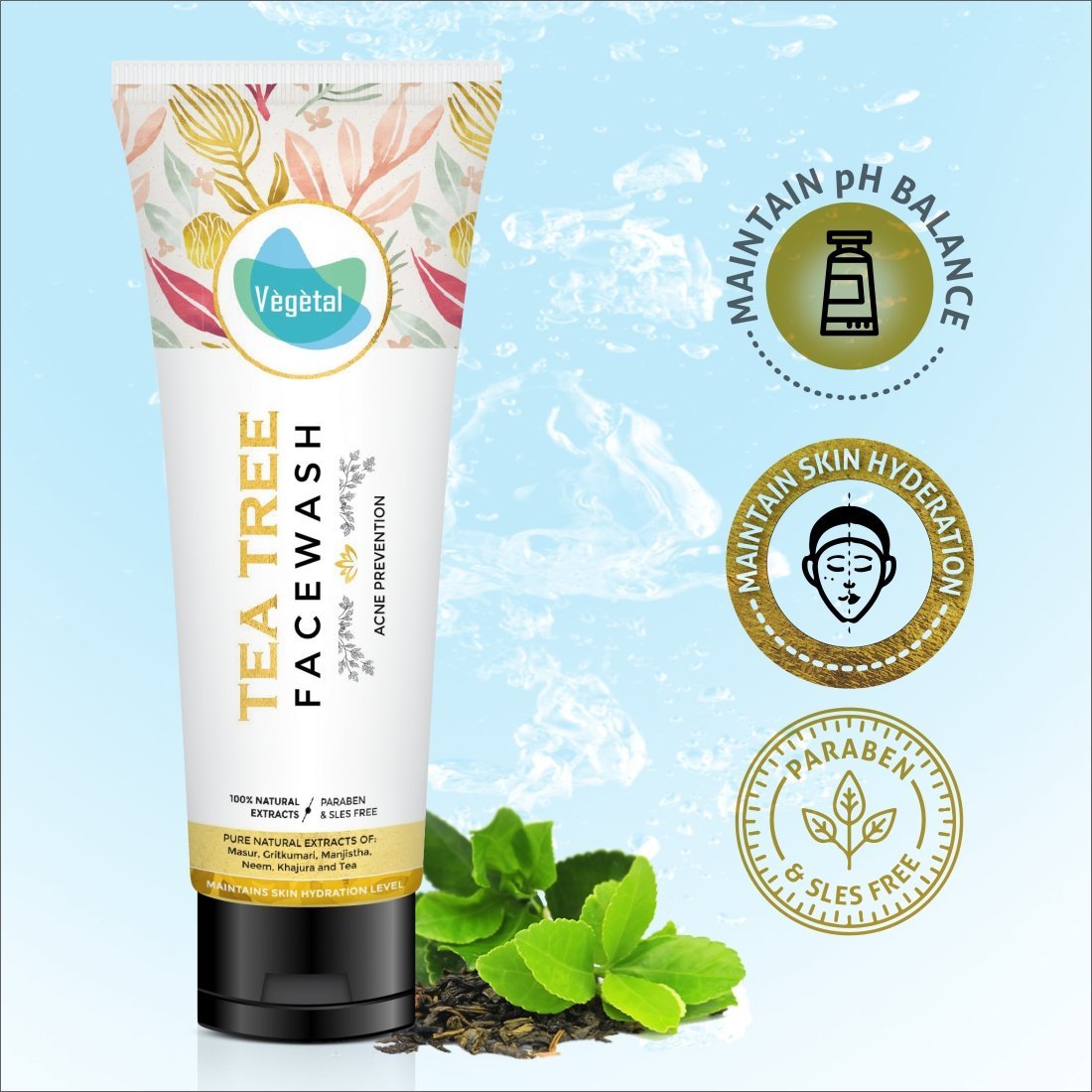 100% Natural Tea Tree Face Wash with Green Tea, Neem, Manjistha & Khajoor Extracts - Anti Acne & Oil Control - Paraben & SLES Free - Gentle Cleanser for Oily & Acne-Prone Skin - Perfect for Daily Skincare Routine & Deep Pore Cleansing