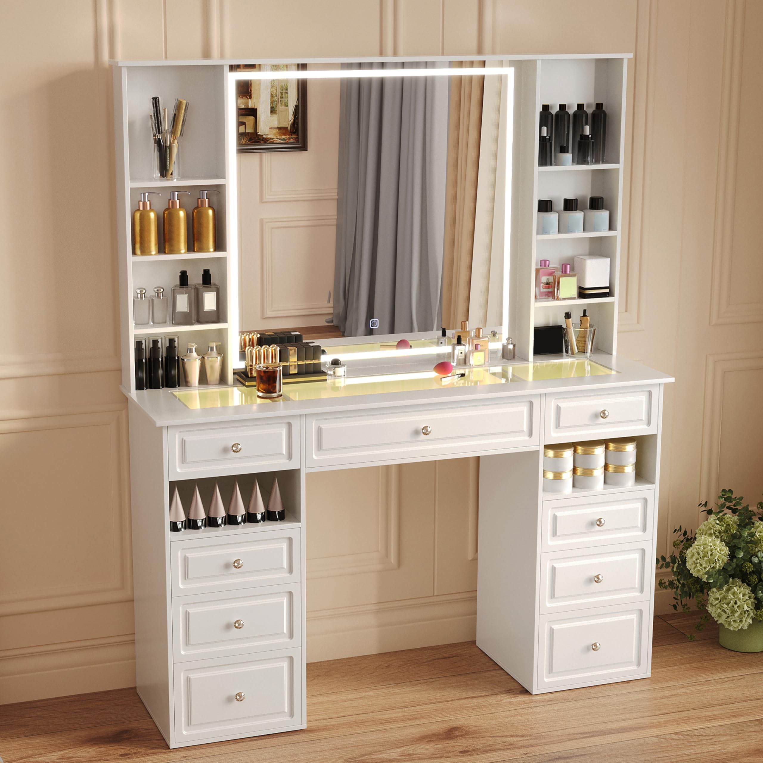 **Vanity Desk with Mirror and Lights - Glass Top Dressing Table with 9 Drawers, European Style Makeup Vanity, Crystal Ball Knobs, White & Glass Top - Perfect for Bedroom, Dressing Room, and Makeup Studio**