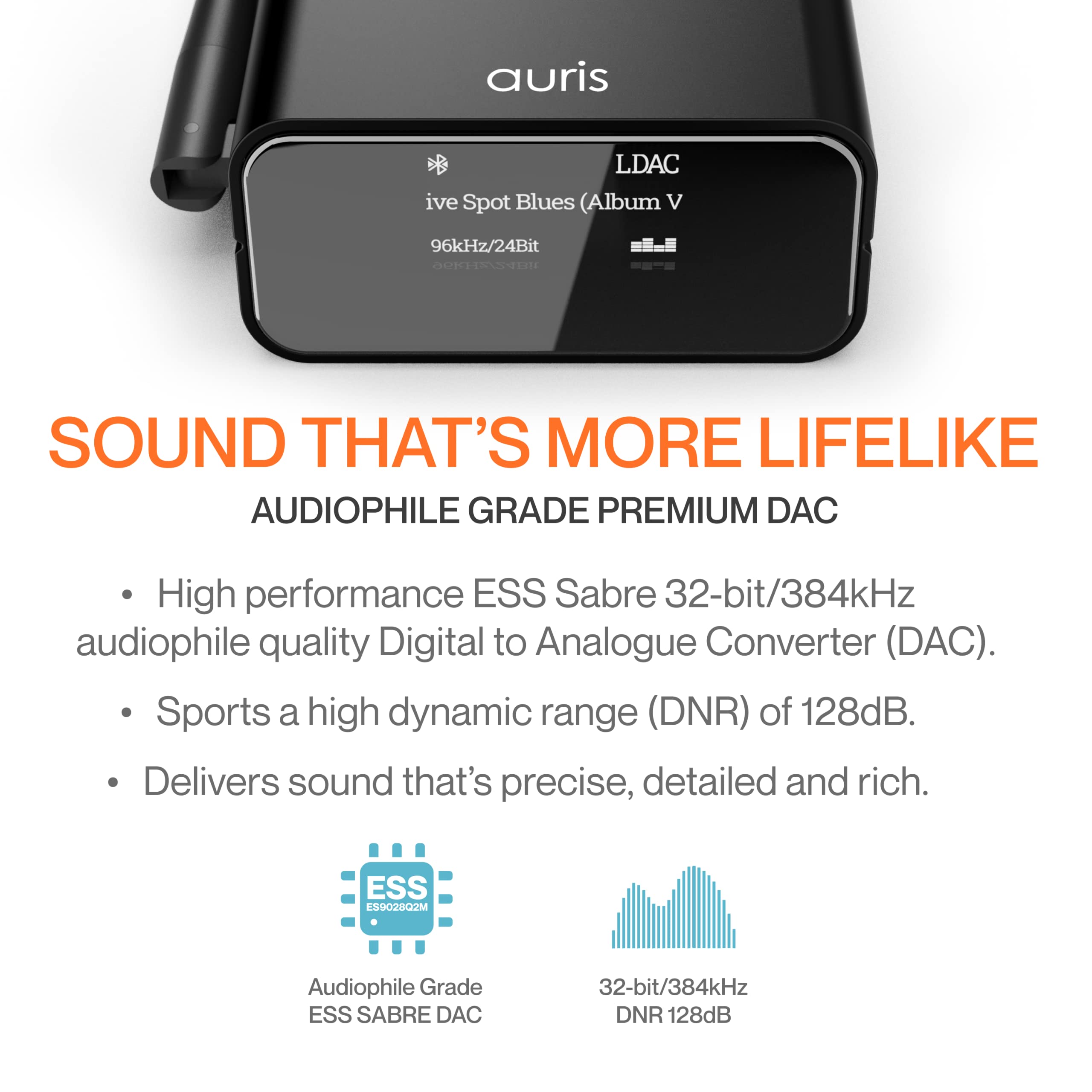 Auris Blume Pro HiFi Bluetooth 5.3 Music Receiver - Long Range Wireless Adapter with Audiophile DAC, LDAC, aptX HD, OLED Display & Optical/Coaxial/AUX Outputs - Perfect for Home Stereo, AV Receiver, Amplifier & Wireless Audio Streaming