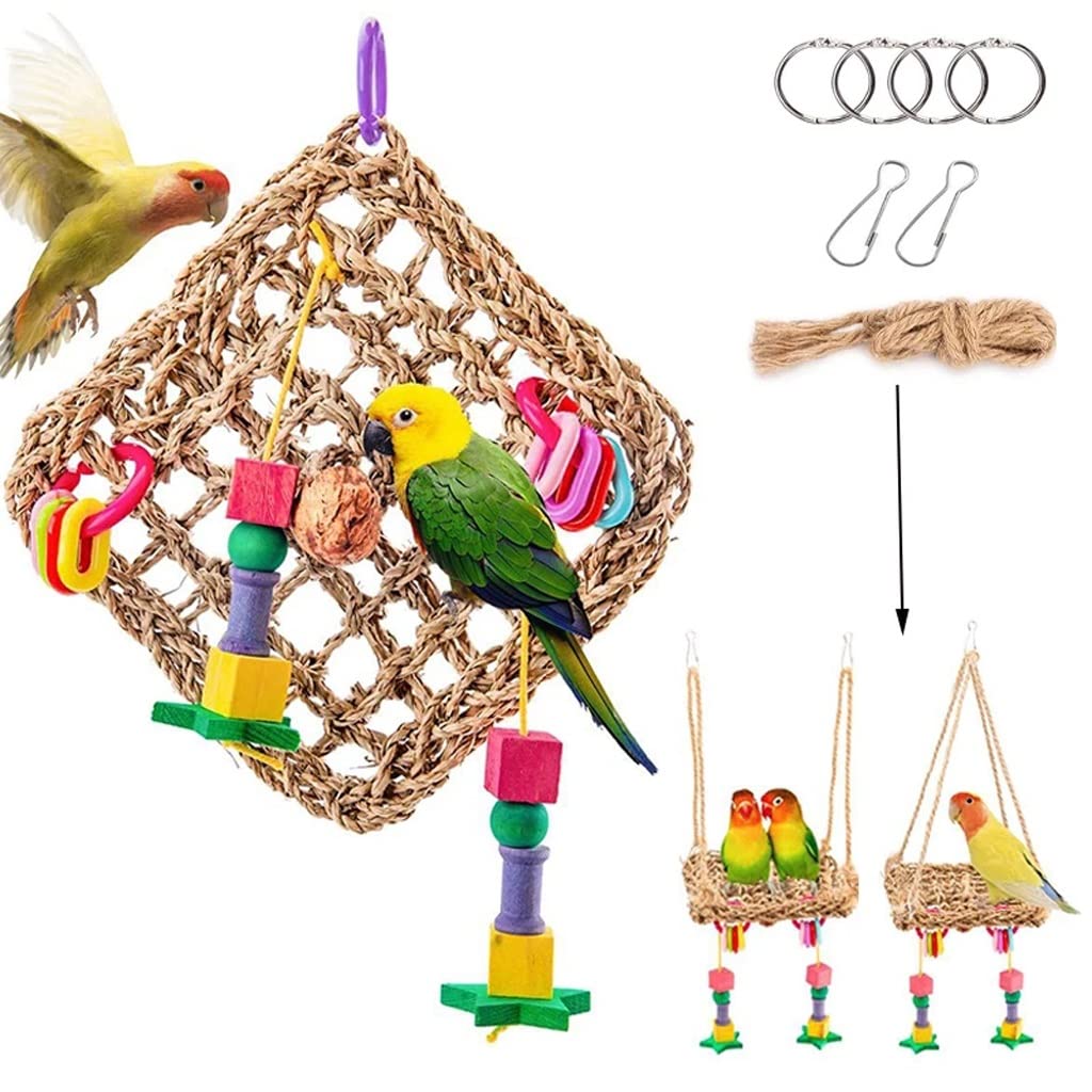 Natural Seagrass Parrot Climbing Net - Hanging Bird Swing & Chewing Toy with Hemp Rope for Foraging & Training | Perfect for Cage Enrichment & Playtime Activities
