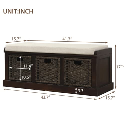 P PURLOVE Rustic Entryway Storage Bench with 3 Removable Baskets & Cushion - Fully Assembled Shoe Bench for Hallway, Living Room & Bedroom Organization - Perfect for Entryway Seating, Shoe Storage & Home Decor