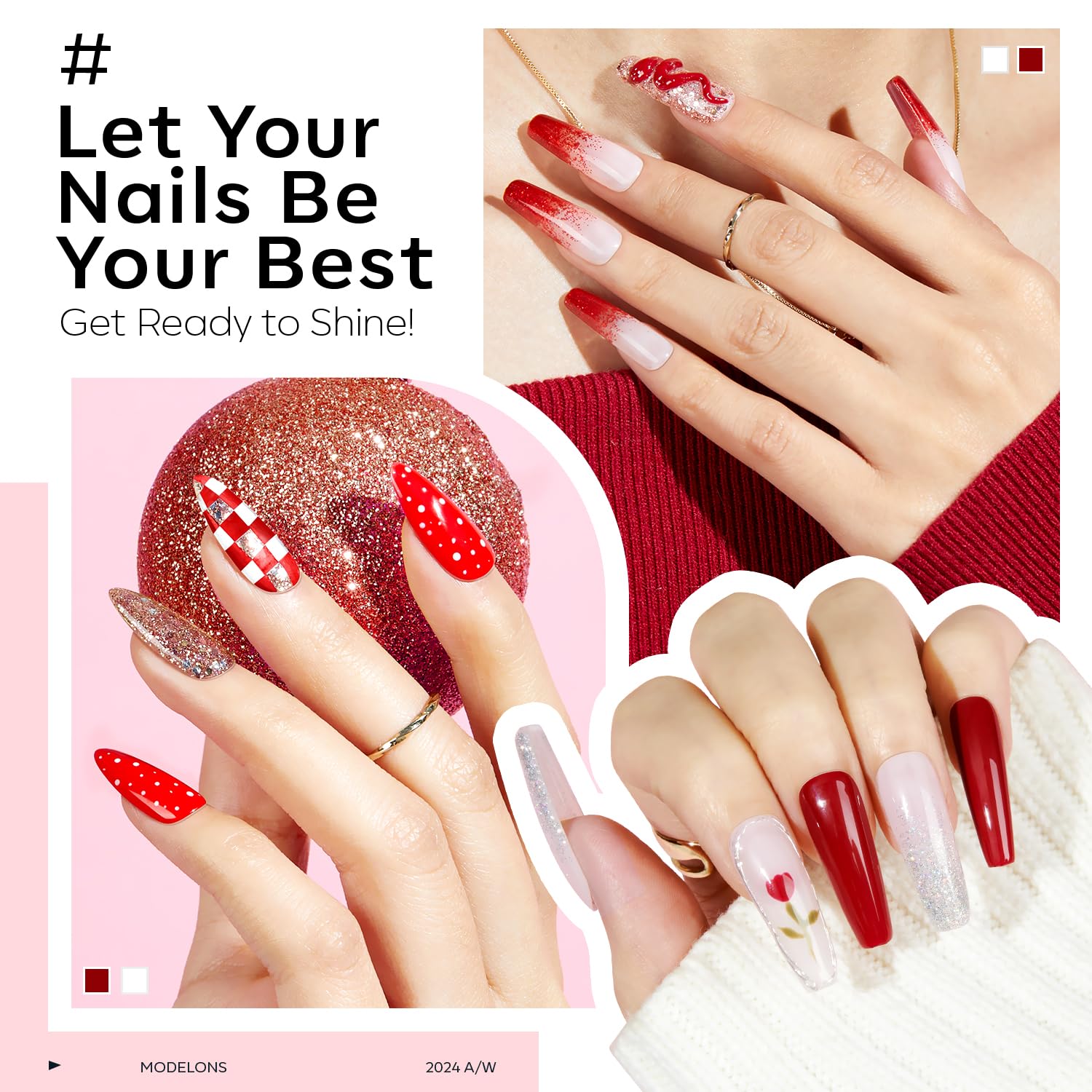 Modelones 6 Colors Red Gel Nail Polish Set - White Glitter, Sparkle Burgundy, Dark Rose, Champagne Silver, Candy Cane | Soak Off UV LED Nail Art Kit for Manicure, Salon & DIY | Perfect Gift for Women, Home Nail Care & Party Looks