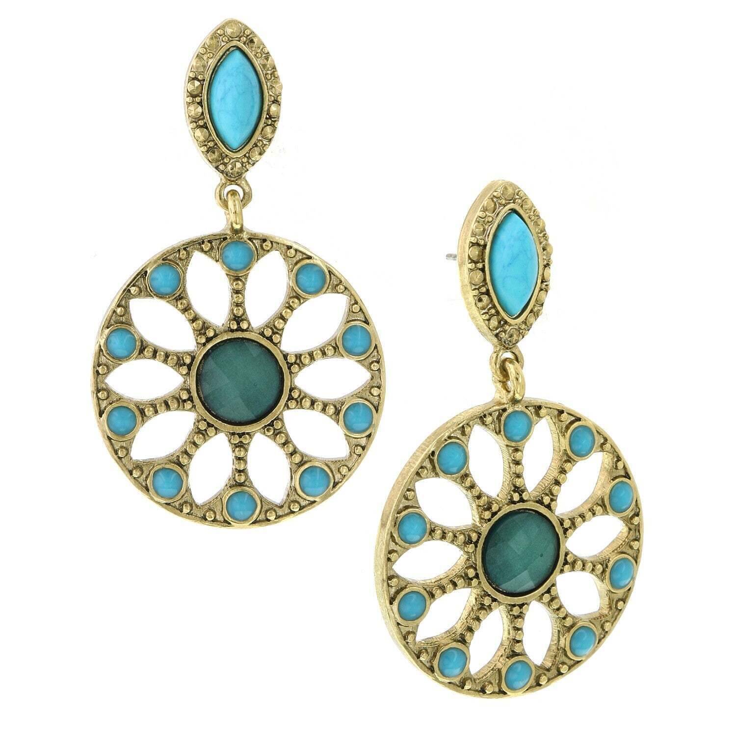 1928 Jewelry Oasis Green & Turquoise Stone Drop Hoop Earrings for Women - Vintage Bohemian Dangle Earrings for Party, Wedding & Everyday Wear