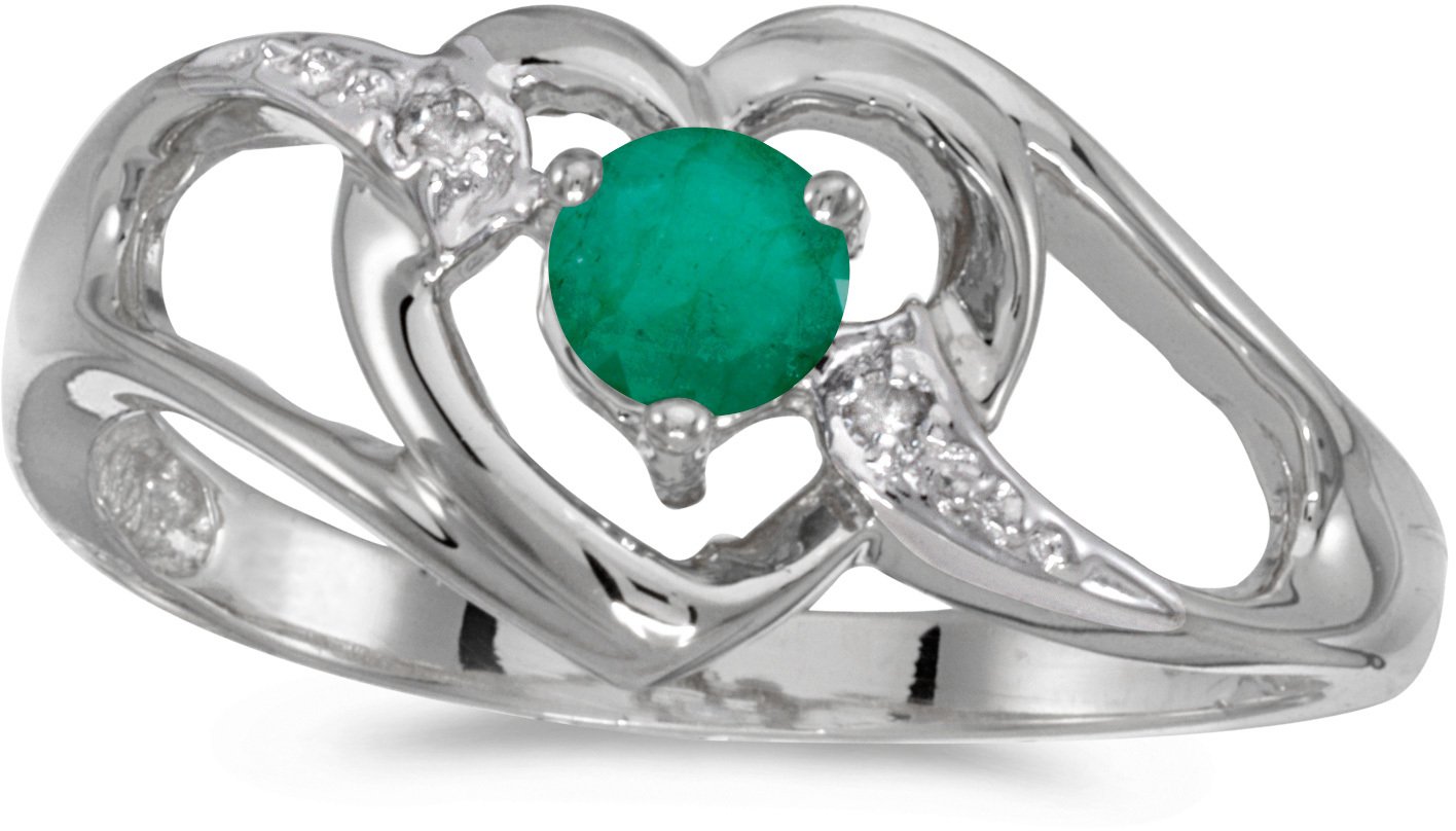 10K White Gold Round Emerald and Diamond Heart Ring for Women - Elegant Jewelry Gift for Valentine's Day, Anniversary or Proposal - Perfect for Romantic Occasions and Special Moments