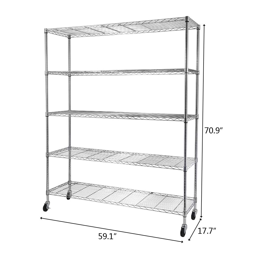 5-Tier Adjustable Metal Storage Shelf - Heavy Duty Wire Shelving Unit for Pantry, Closet, Kitchen, Laundry & Bathroom Organization - Space Saving Storage Rack (Silver) - Perfect for Home, Office & Garage Storage Solutions