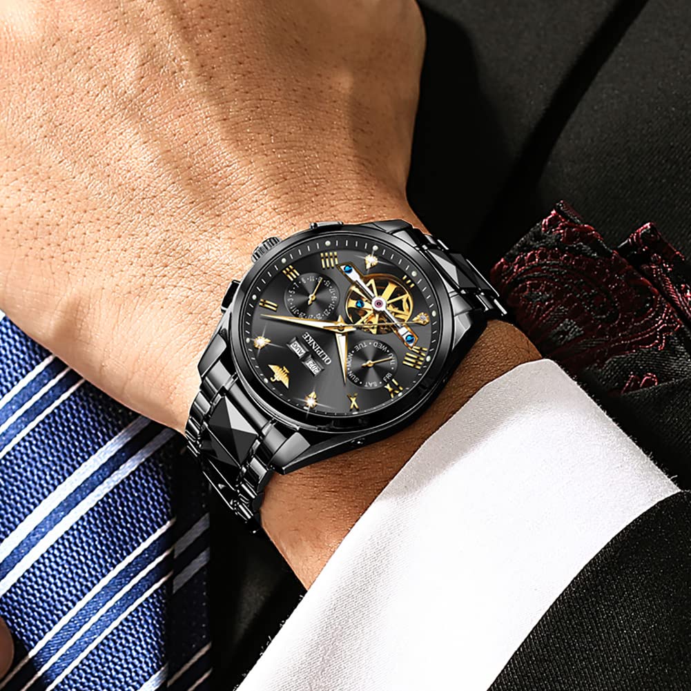 OUPINKE Men's Luxury Automatic Skeleton Watch with Diamond Accents - Self-Winding Dress Watch with Sapphire Crystal & Tungsten Steel Band - Perfect for Business, Formal Events & Gift Giving