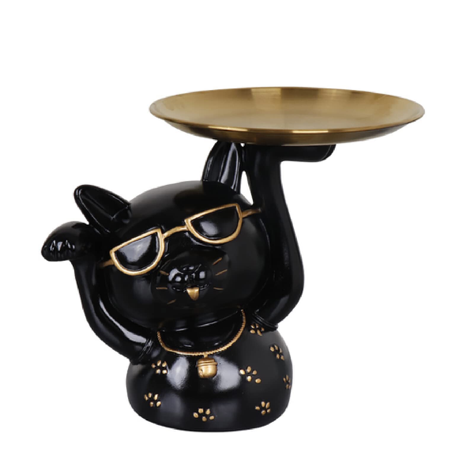 Lucky Cat Resin Figurine Key Holder & Storage Tray - Black Desktop Organizer for Keys, Wallet, Candy, Snacks | Home & Office Decoration Accessory | Perfect for Feng Shui Decor, Gift Giving, and Workspace Organization