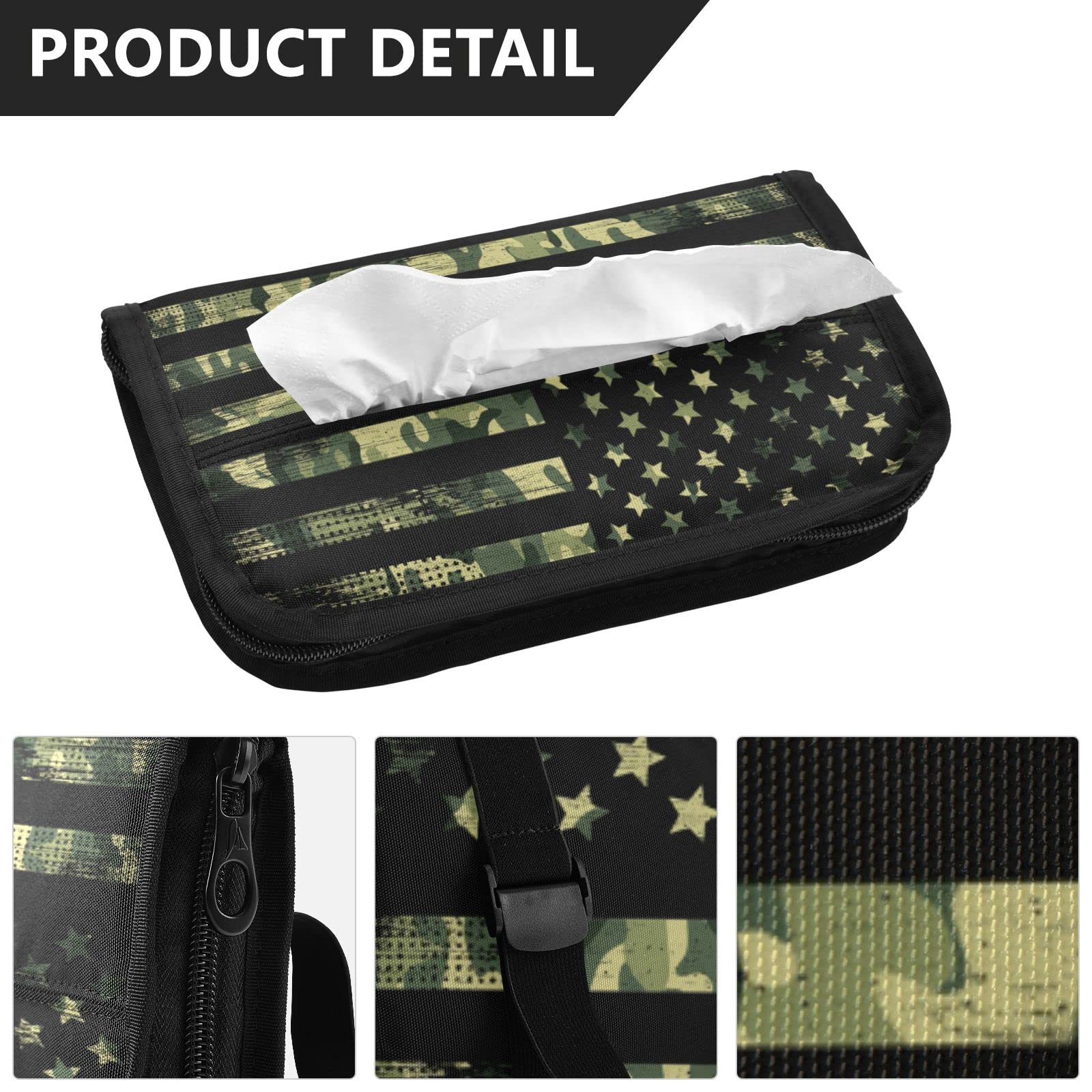 American Flag Green Camo Car Tissue Holder - Adjustable Sun Visor Wipe Dispenser with Zippers for Women & Men | Perfect for Road Trips, Commuting & Travel Accessories
