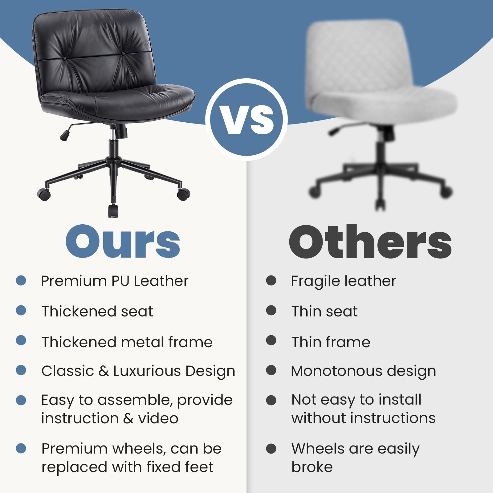 OLIXIS Ergonomic Swivel Office Chair with Wheels - Adjustable PU Leather Armless Desk Chair for Home Office, Rolling Vanity Seat - Perfect for Work, Study, and Makeup Stations