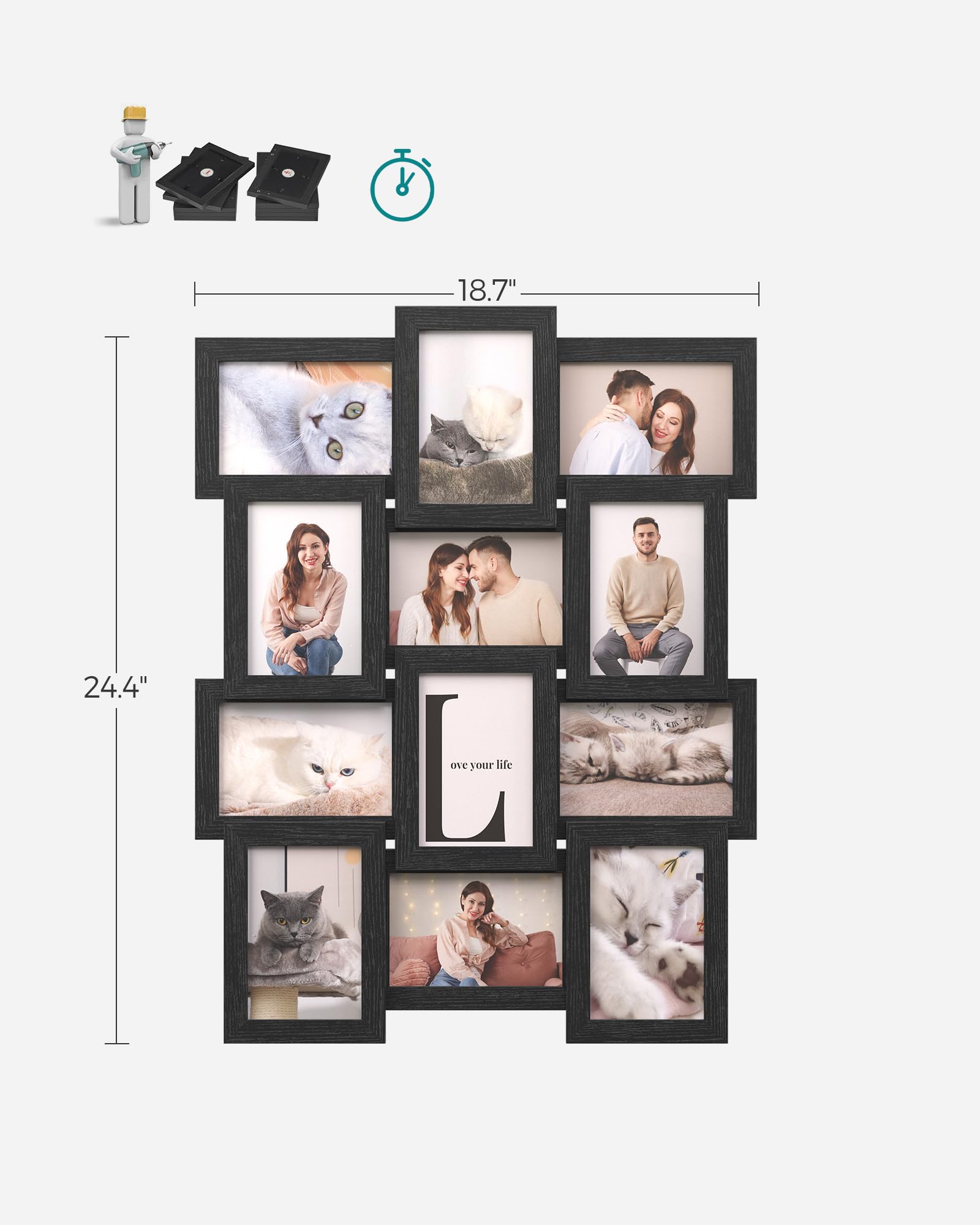 SONGMICS 12-Pack 4x6 Inch Black Collage Picture Frames for Wall - Multi-Photo Gallery Display with Hanging Kit, Perfect for Family Photos, Living Room & Bedroom Decor (Ink Black, Assembly Required)