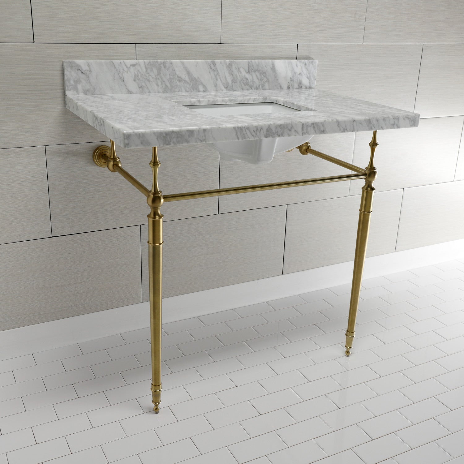 36 Inch Edwardian Style Carrara Marble Bathroom Console Sink with Brass Legs - 8 Inch Depth, 3 Hole Faucet Mount for Powder Room, Guest Bath & Luxury Home Decor