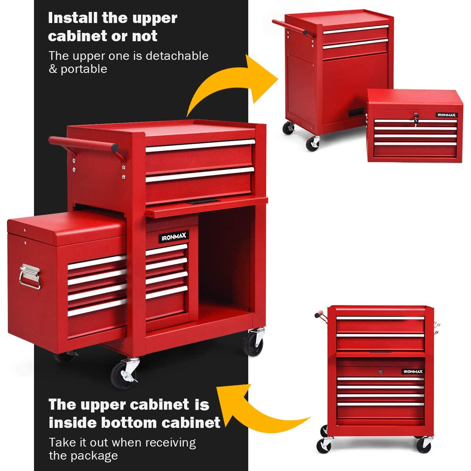 Goplus 6-Drawer Rolling Tool Chest with Auto Locking System - 3-in-1 Tool Organizer with Lockable Wheels, Sliding Drawers & Detachable Top - Heavy Duty Tool Storage Cabinet for Garage, Workshop & DIY Projects (Red) - Perfect for Mechanics, Carpenters & Home Improvement