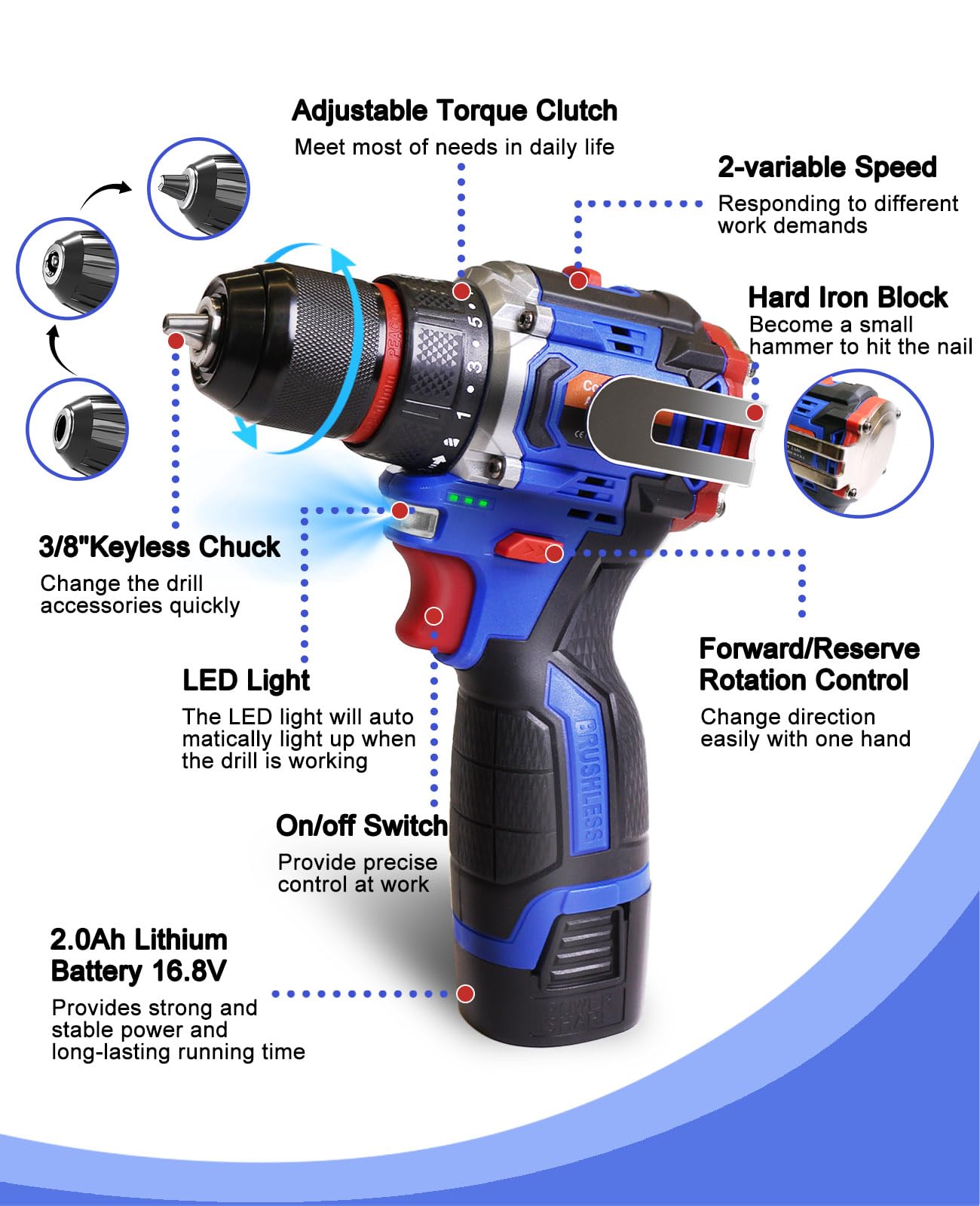 Aspro 16.8V Brushless Cordless Drill Set with Battery & Charger - 2-Speed Electric Drill, 3/8
