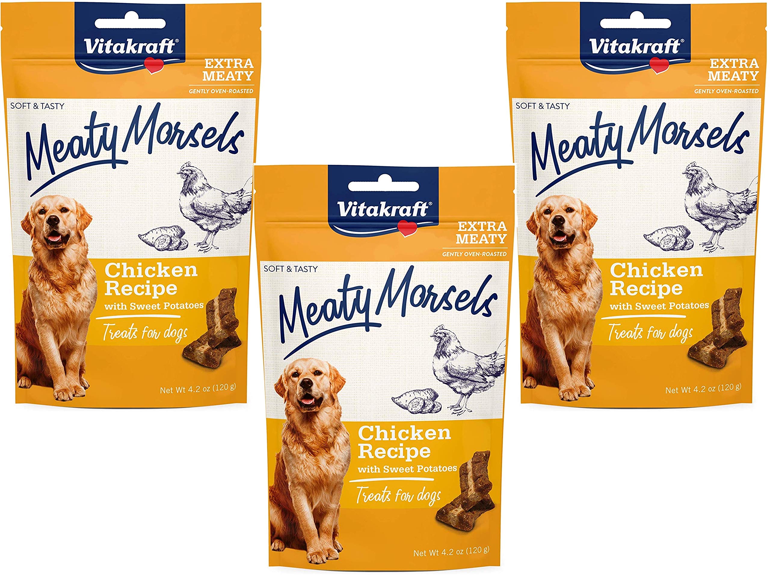 Vitakraft Chicken Meaty Morsels Dog Treats 3-Pack (4.2oz Each) - Grain-Free with Sweet Potatoes for Small & Medium Dogs - Perfect for Training, Rewards & Dental Health