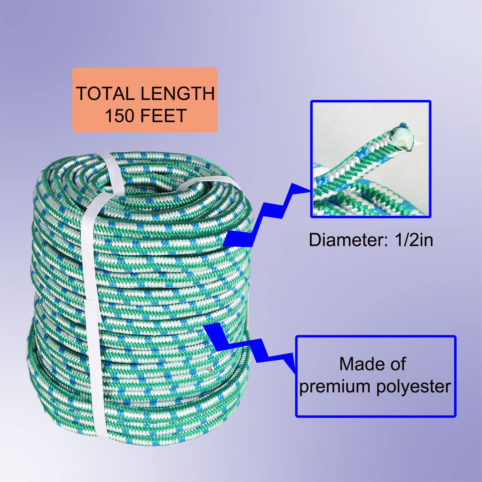 LABLT 16 Strand 1/2 Inch Double Braided Polyester Rope - 150ft High Strength Arborist Bull Rope for Tree Climbing, Rigging, Camping & Outdoor Swings | Lightweight Heavy Duty Thick Rope for Professional & Recreational Use