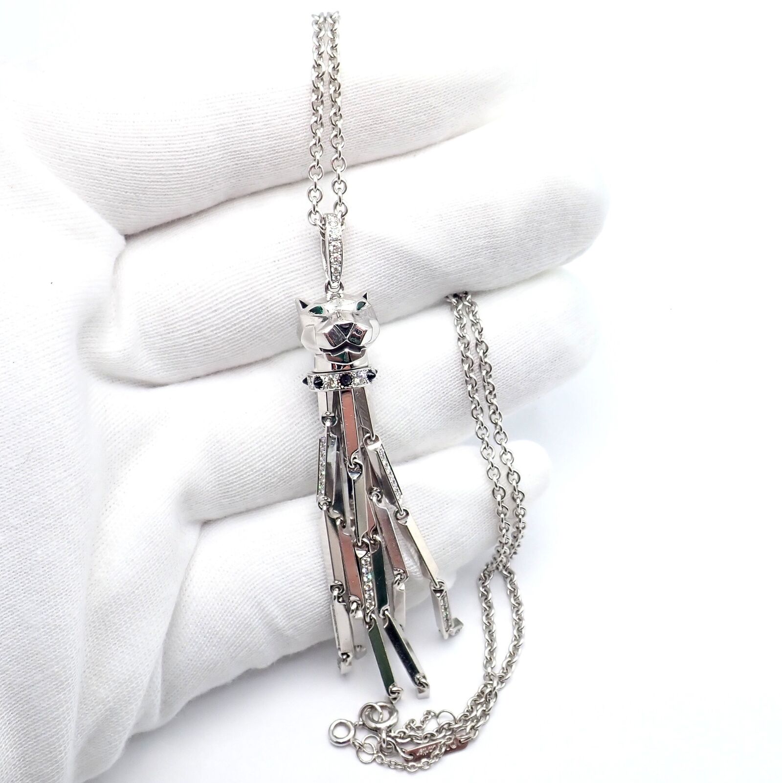 Cartier Panthere 18K White Gold Diamond, Emerald & Onyx Pendant Necklace - Luxury Jewelry for Women, Elegant Gift for Special Occasions